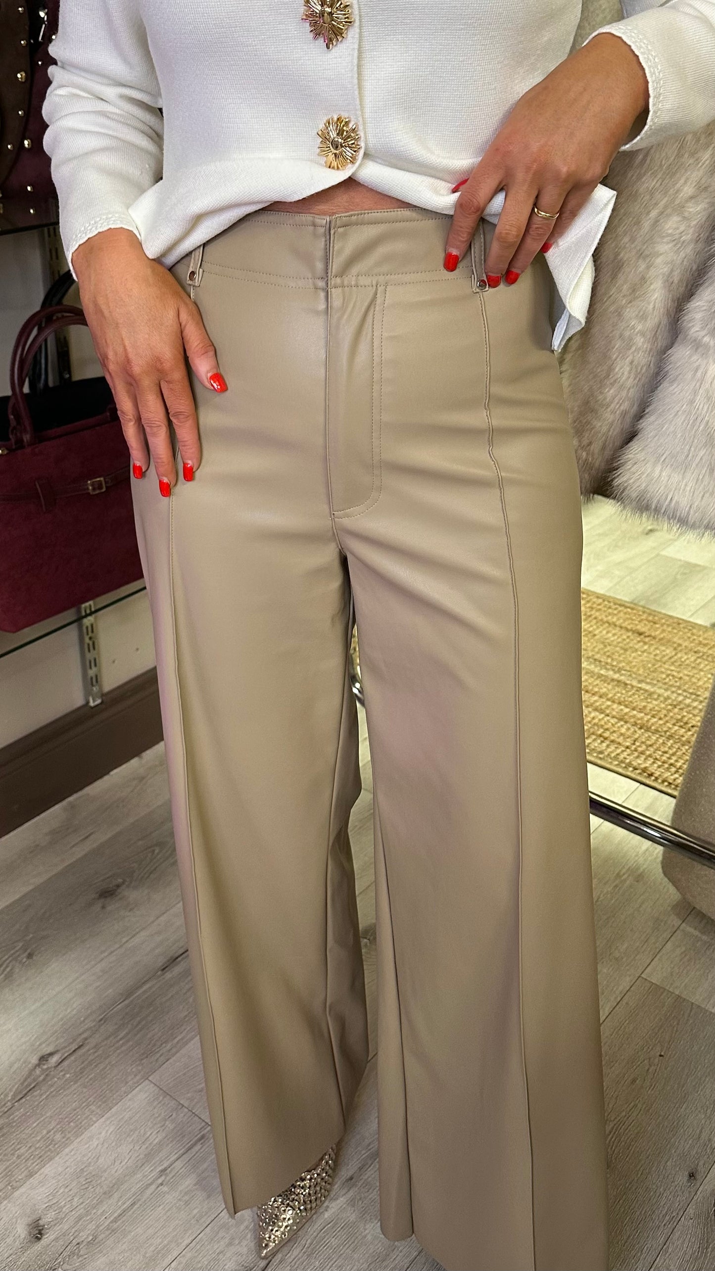 Taupe High Waisted Faux Leather Trousers