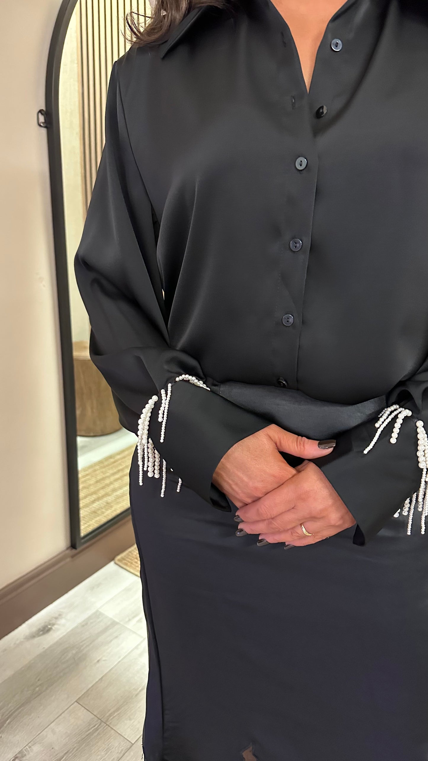 Black Satin Shirt with Pearl Detail