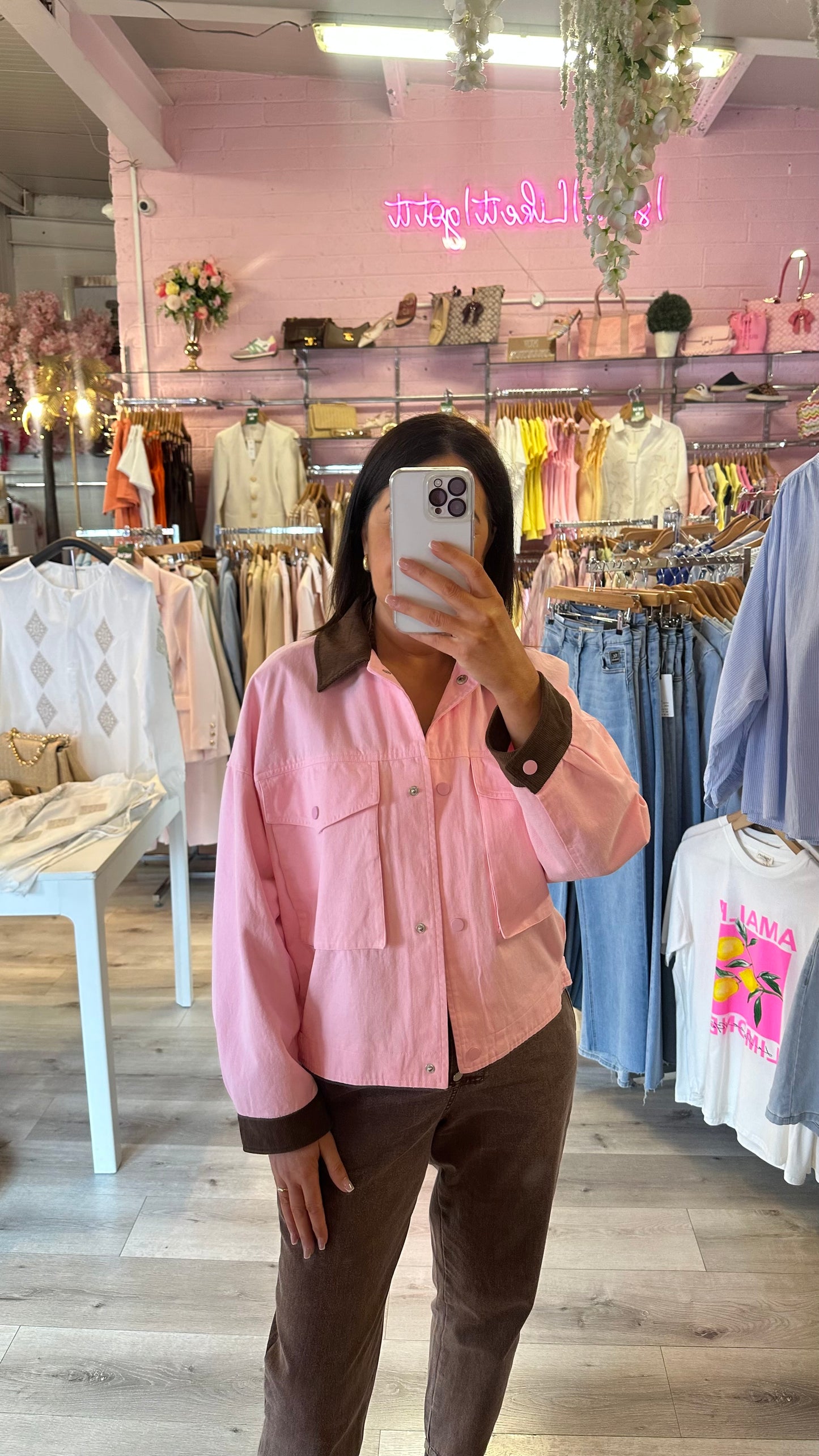 Pink Barn Jacket with Brown Corduroy Collar