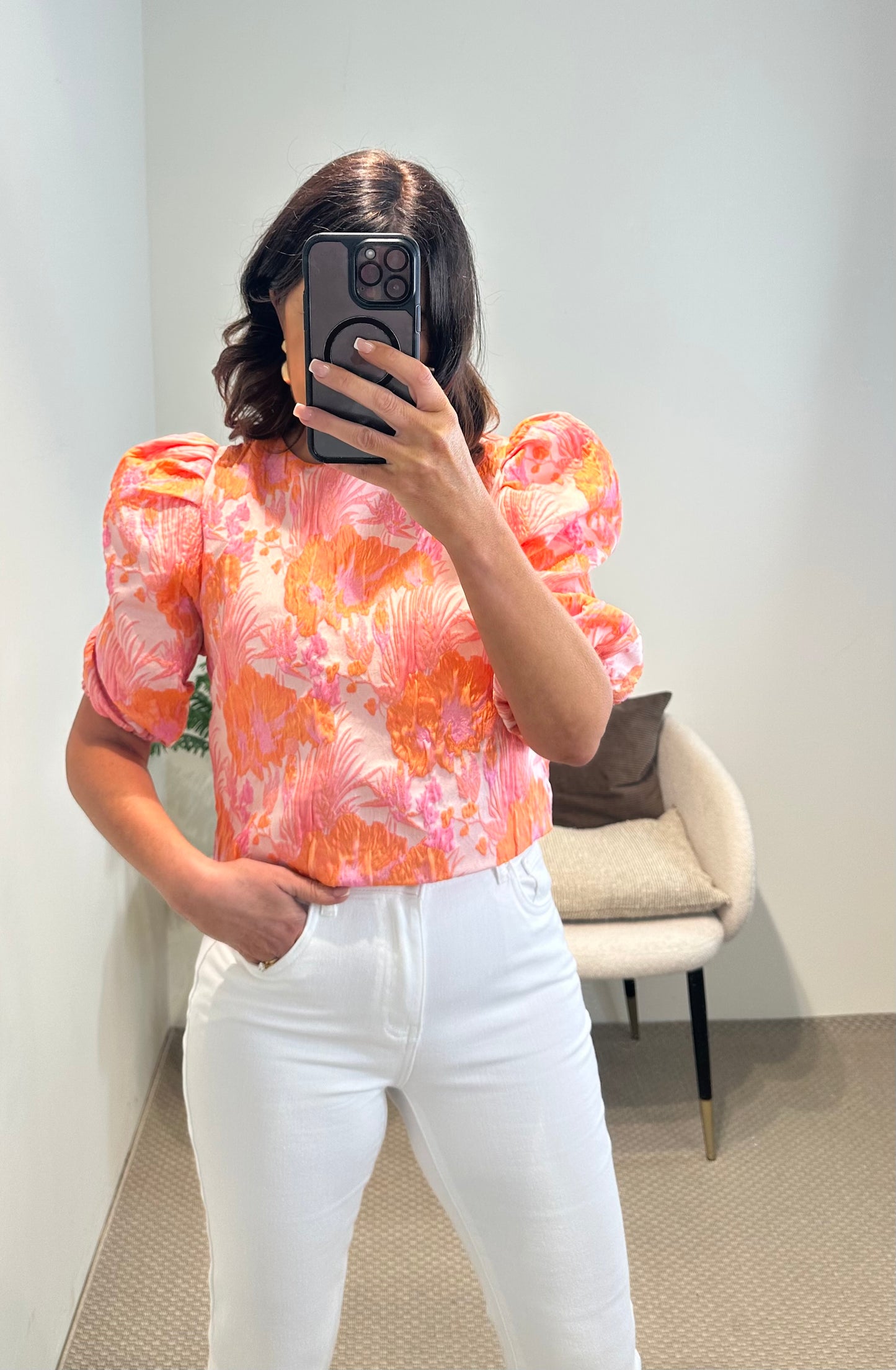Pink & Orange Puff Sleeve Top