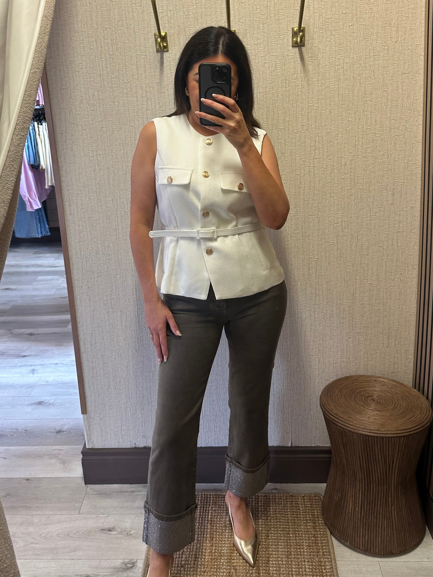 Taupe Turn-Up Jeans with Diamante