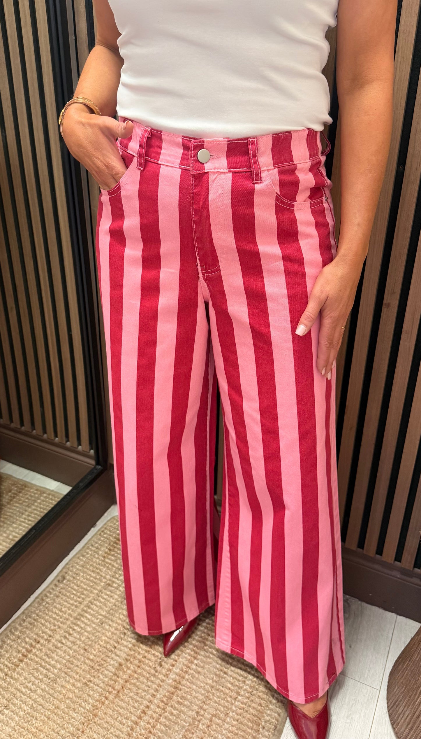 Cherry & Pink Striped Wide-Leg Jeans