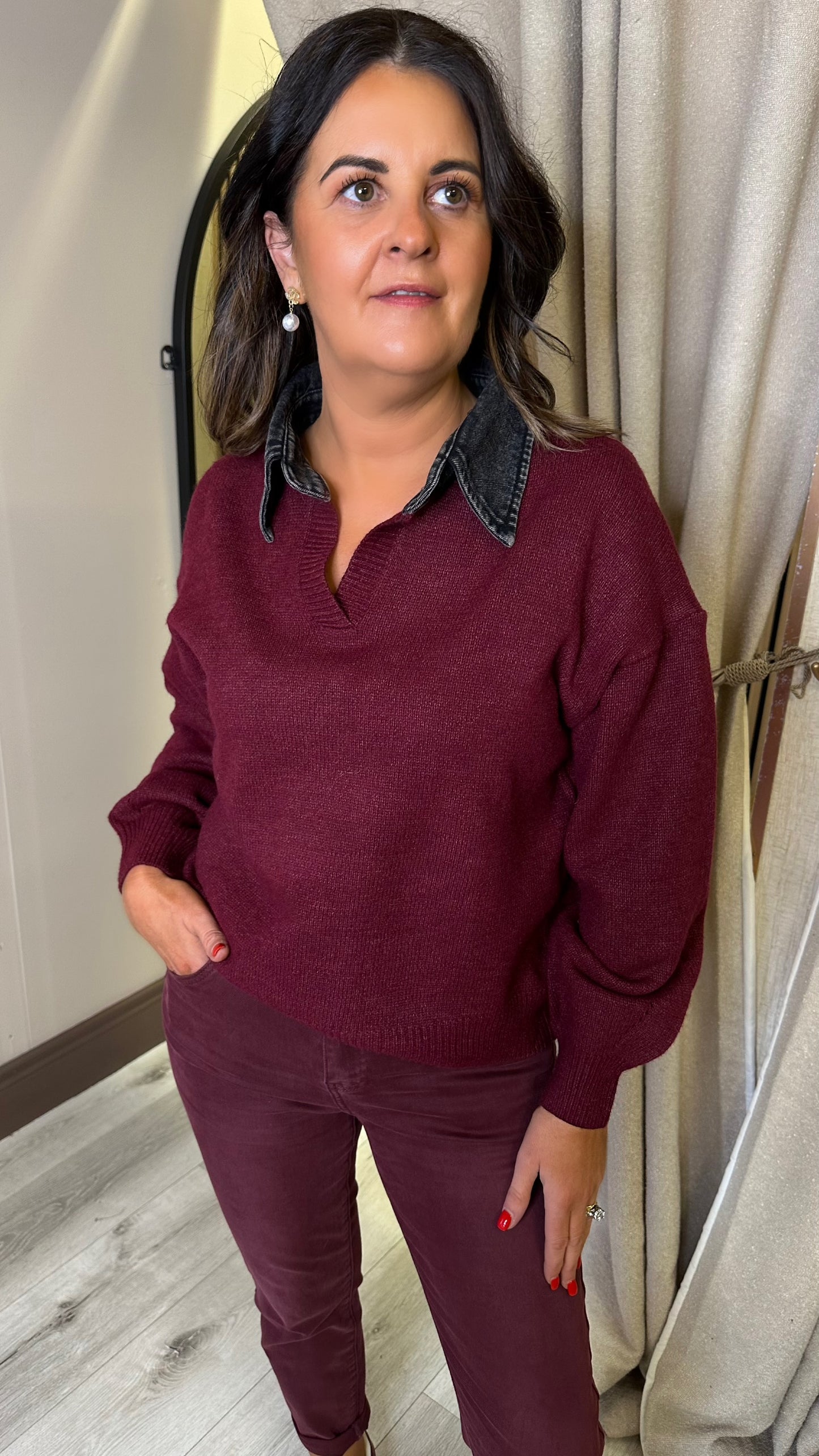 Wine Polo with Denim Collar