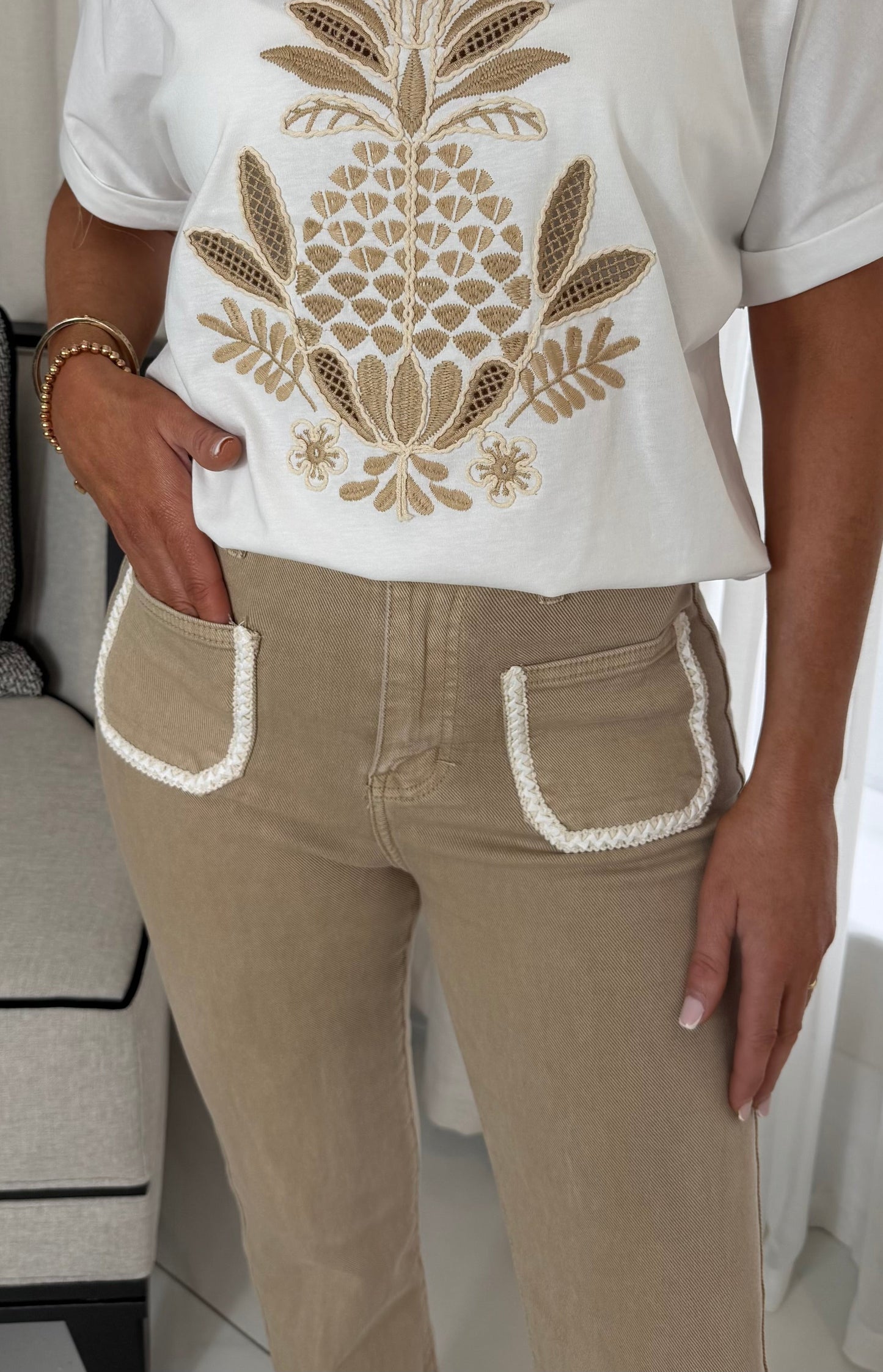 Beige Cropped Jeans with Crochet Detail