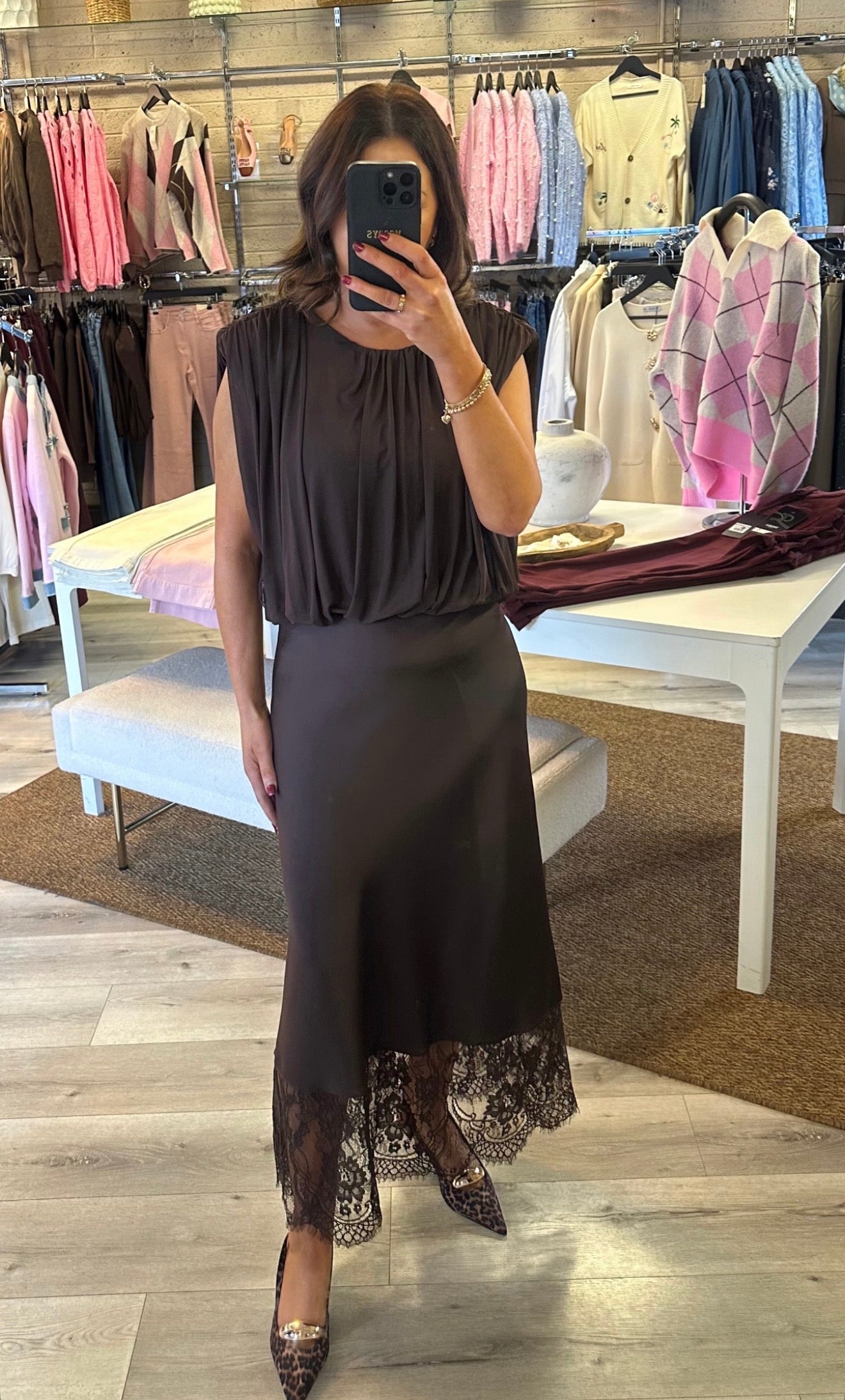 Brown Satin Skirt with Lace