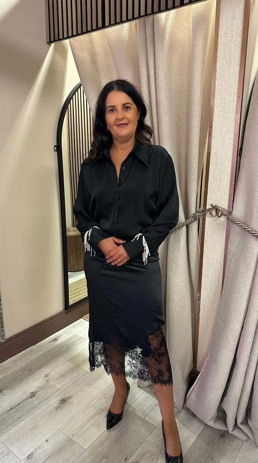 Black Satin Shirt with Pearl Detail