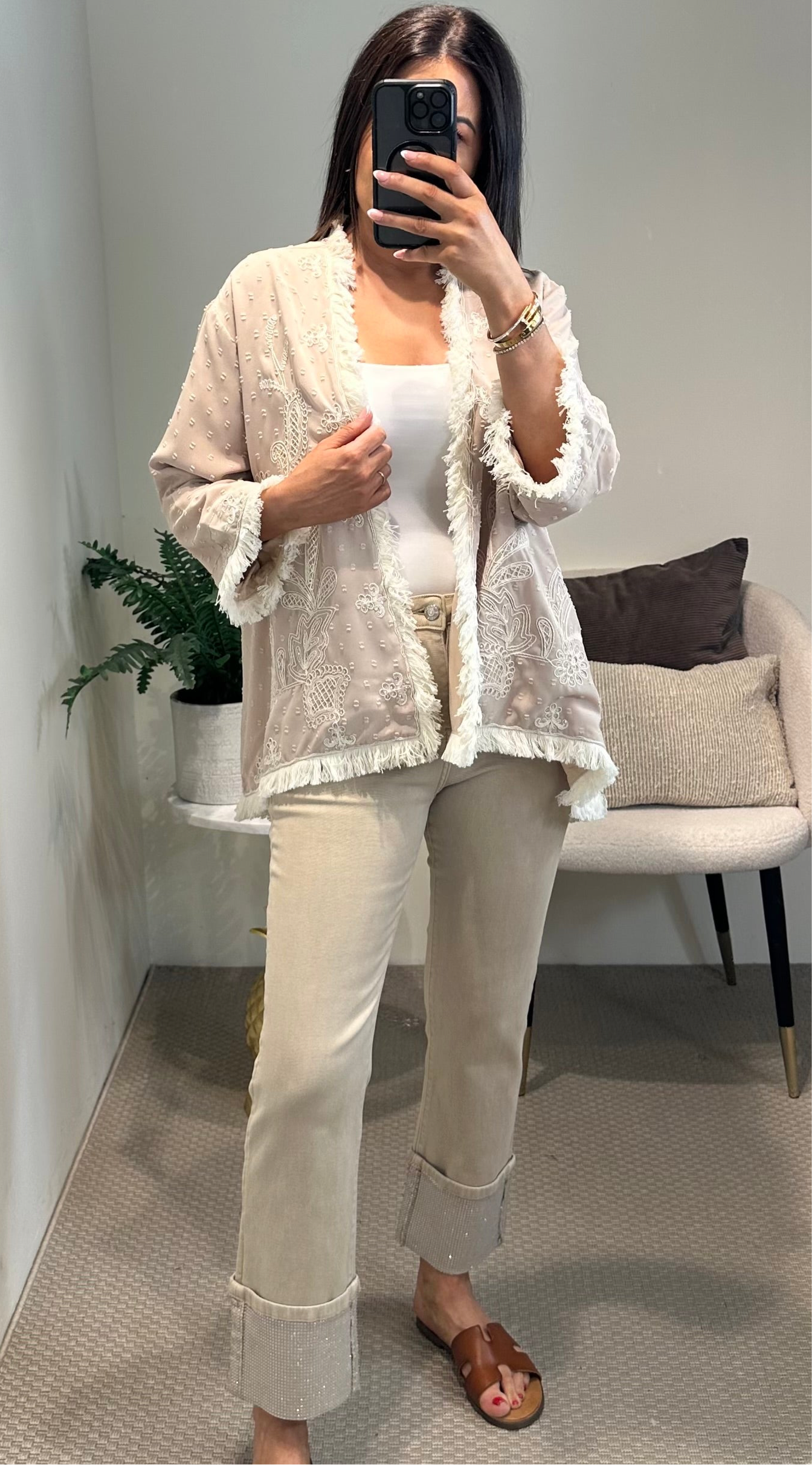 Beige Turn-Up Jeans with Diamante