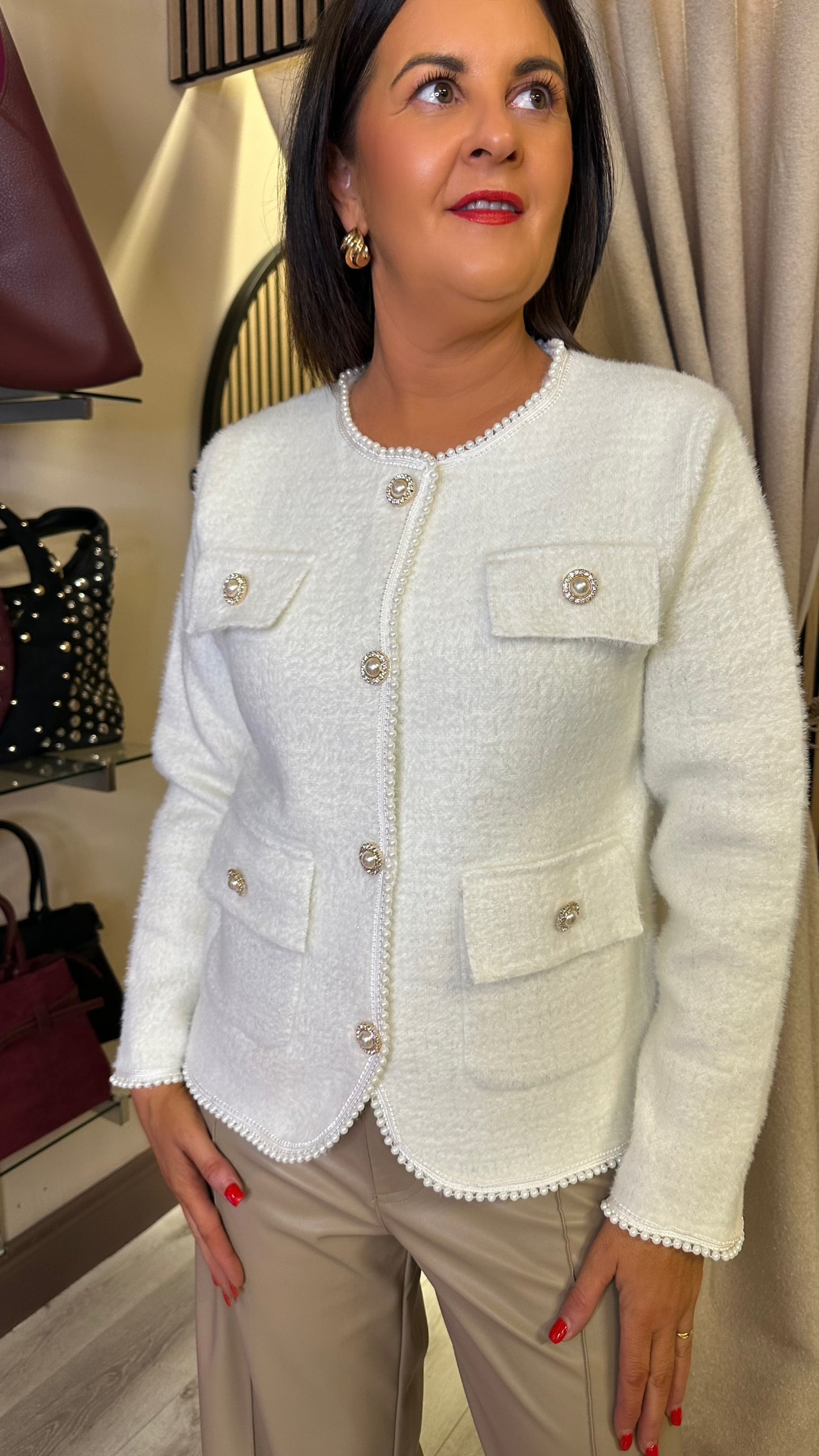 Winter White Cardigan with Pearl Details