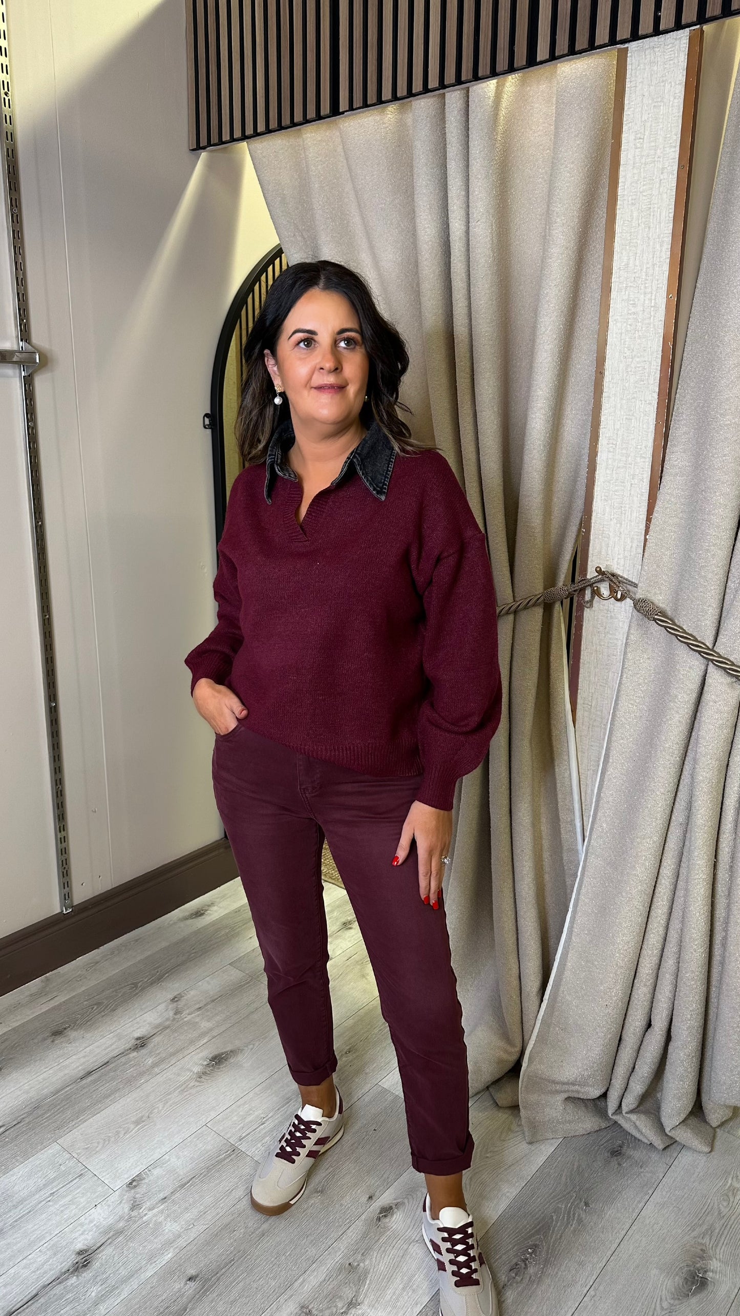 Wine Polo with Denim Collar
