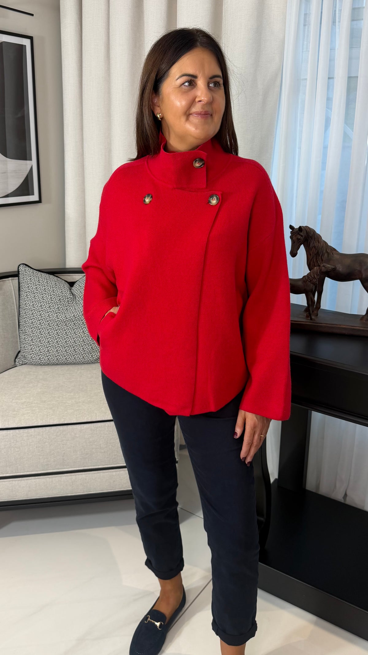 Red Funnel Neck Cardigan