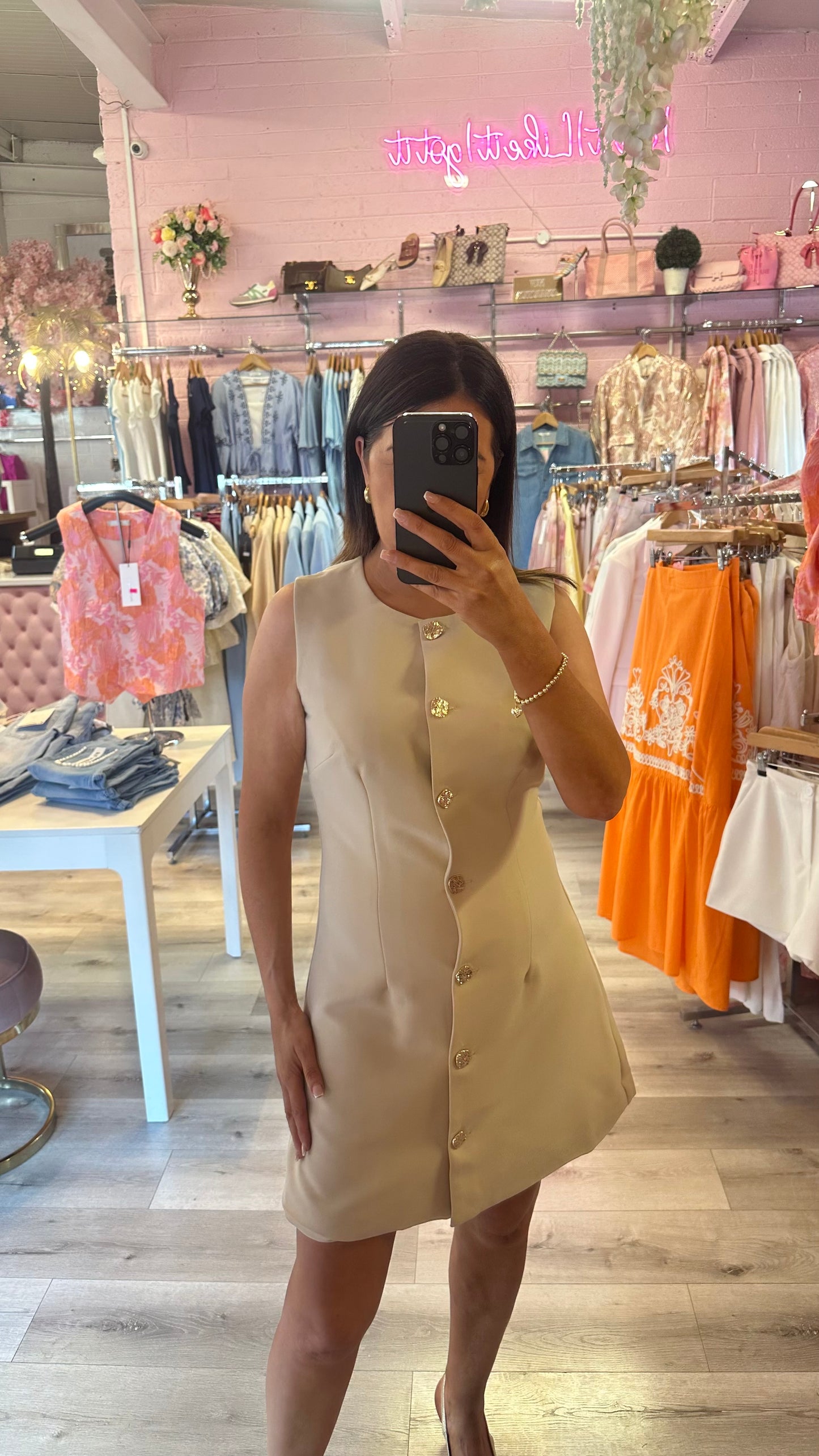 Beige Button Down Mini Dress