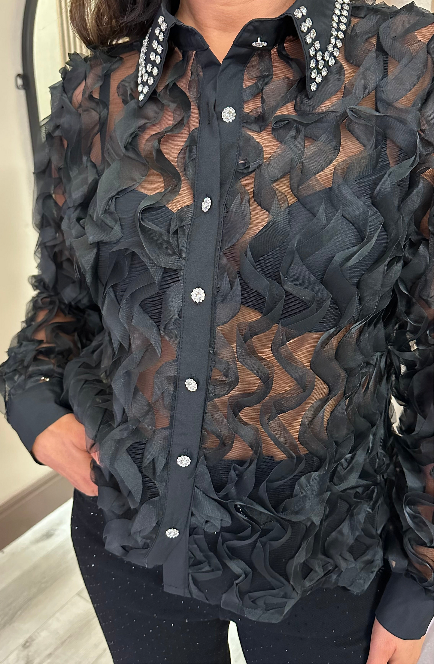 Black Mesh Embellished Blouse