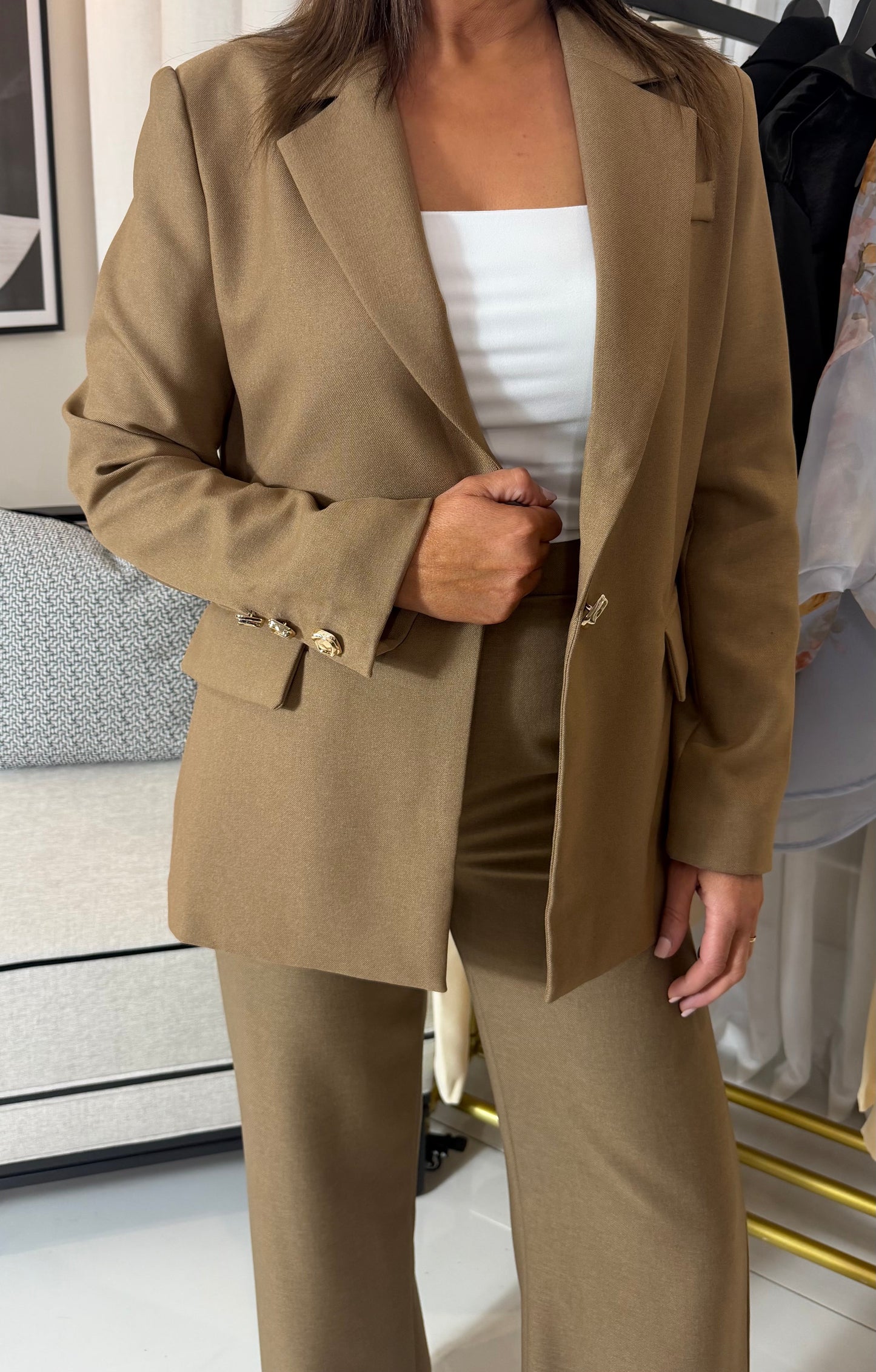 Tan Oversized Blazer with Gold Buttons