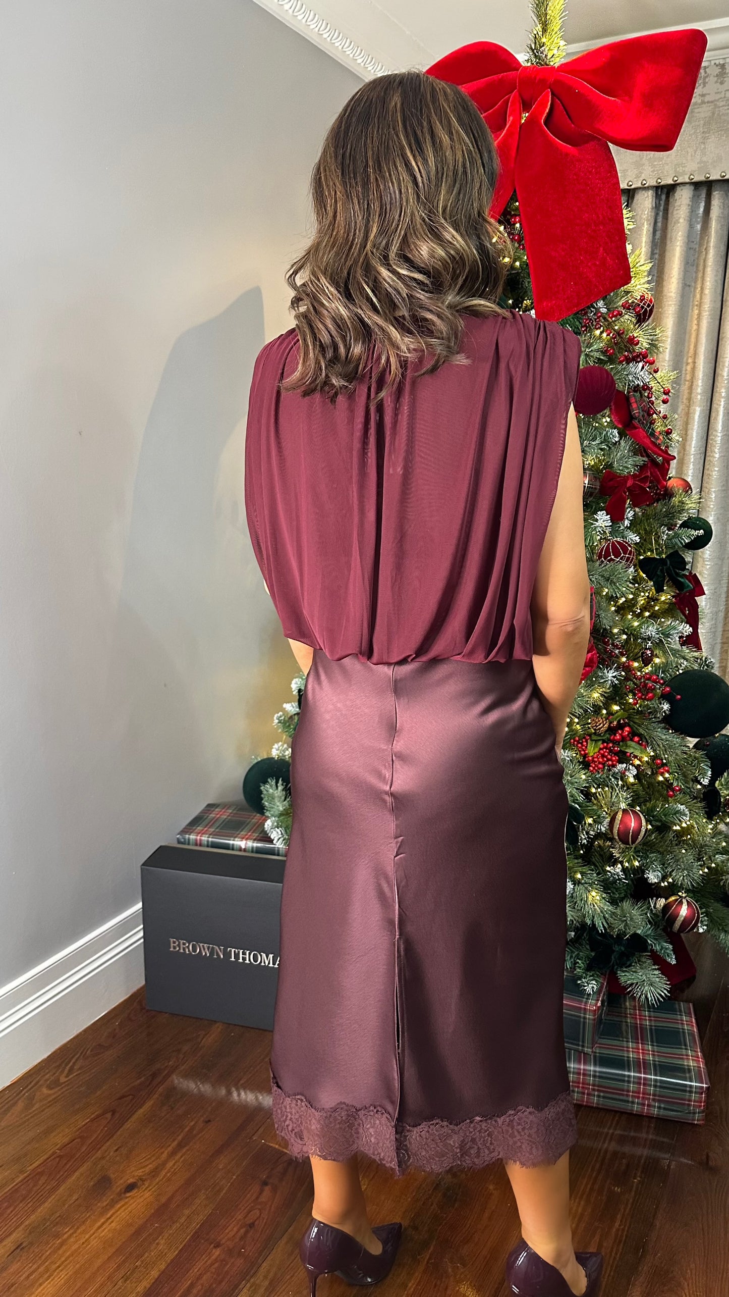 Wine Satin Lace Trim Skirt