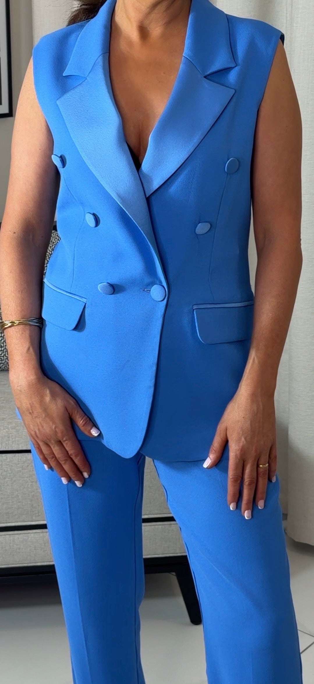 Satin Detail Blue Sleeveless Suit