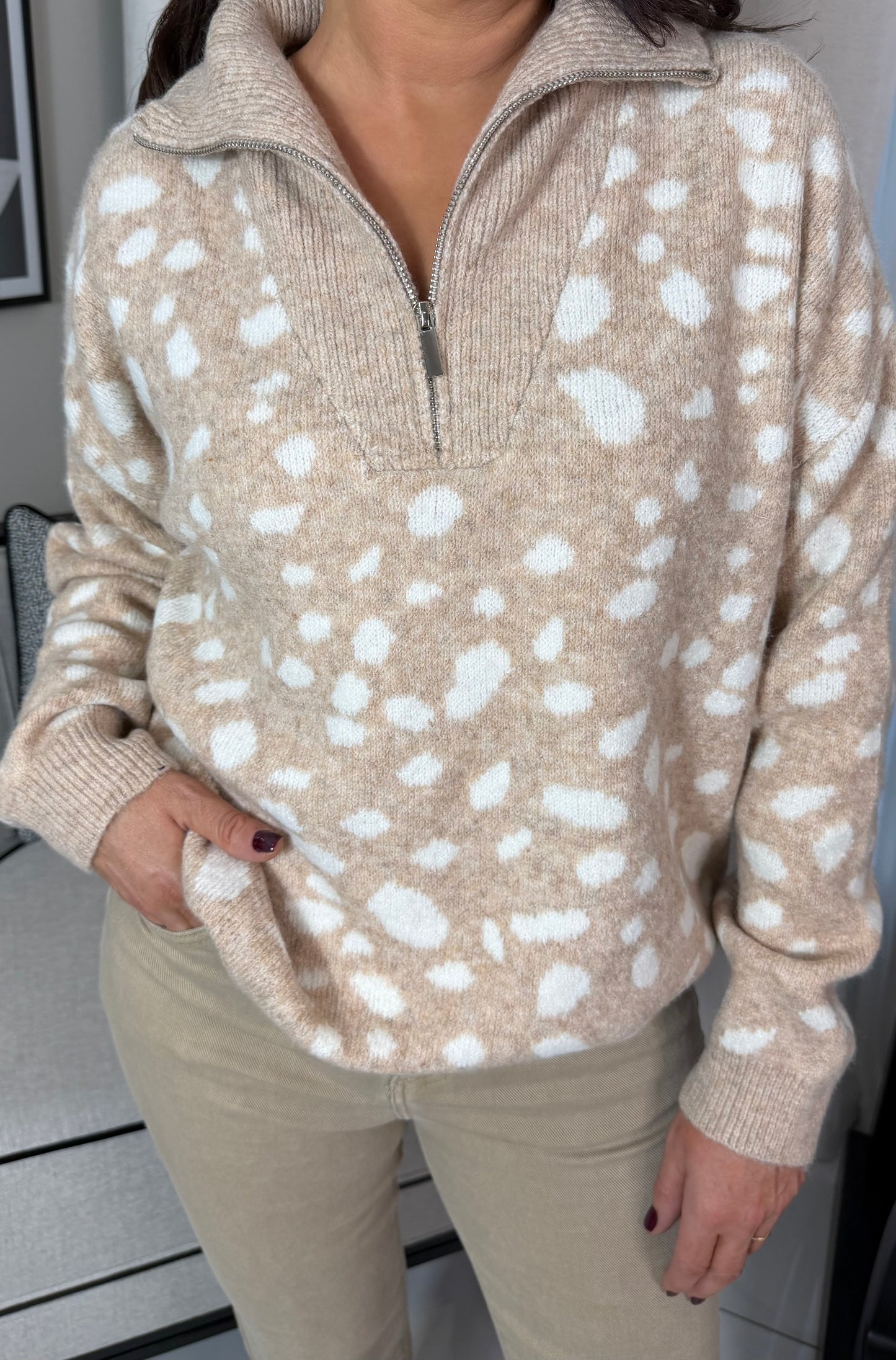 Deer Print Knit Halfzip