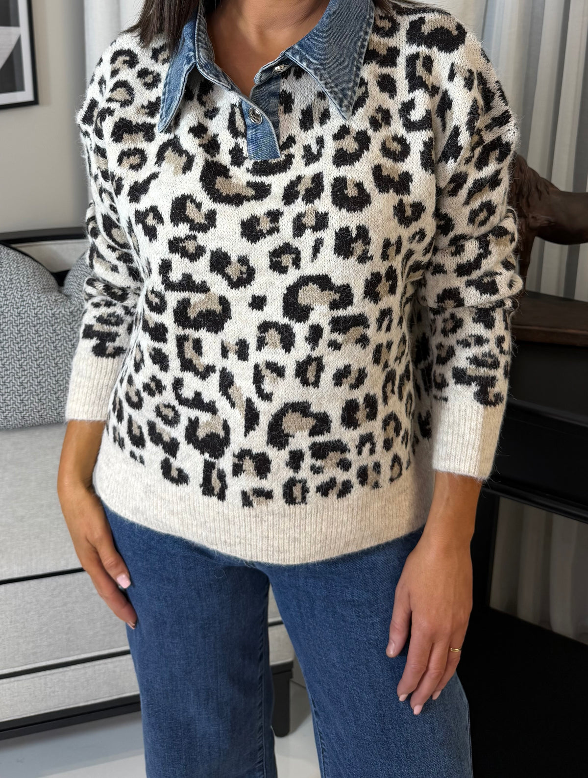 Leopard Sweater with Denim Details