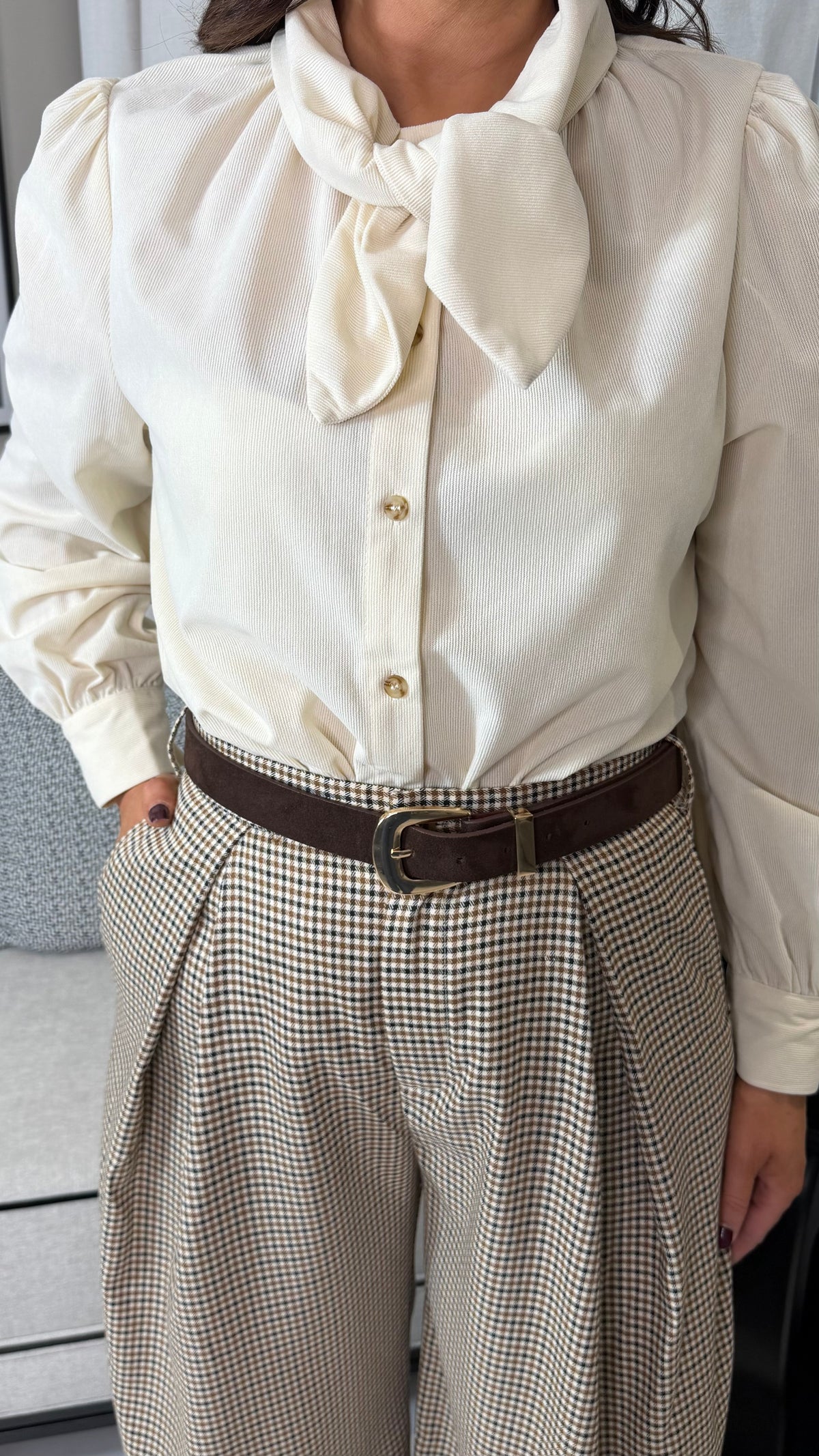 Cream Corduroy Tie-Bow Blouse