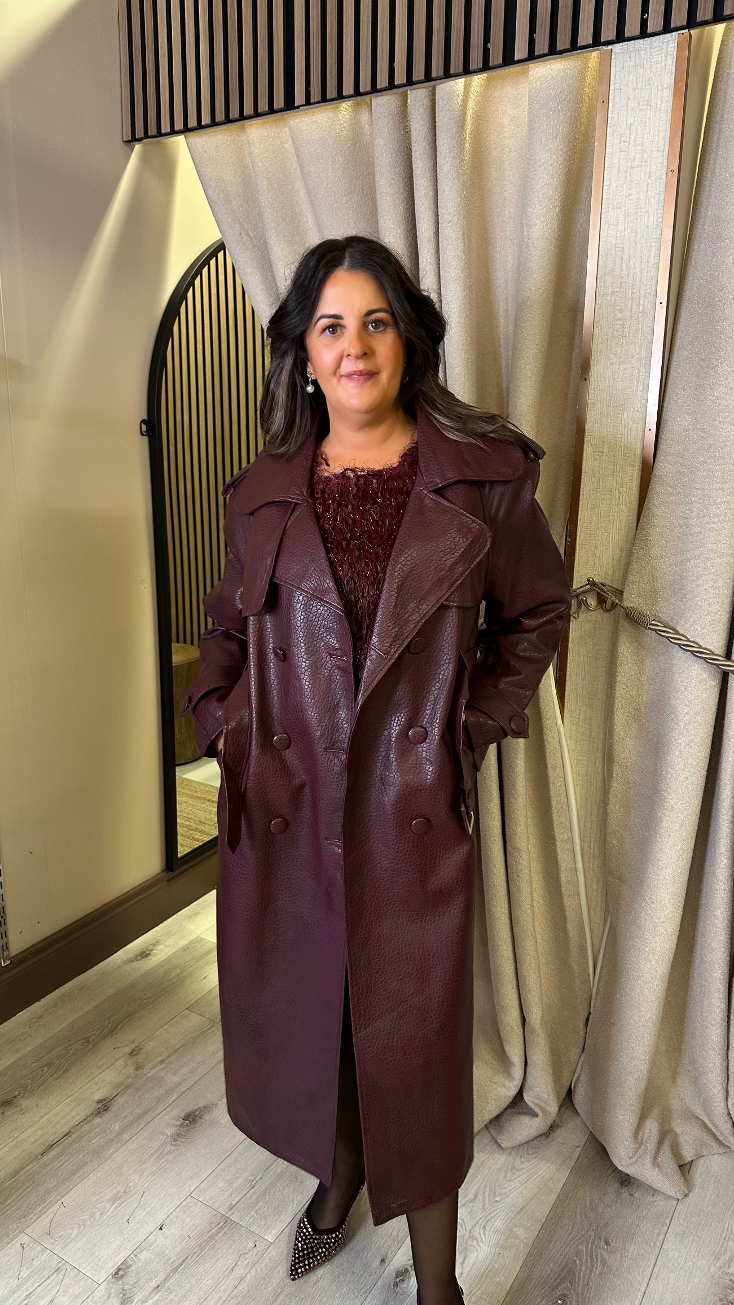 Burgundy Croc Faux Leather Trench
