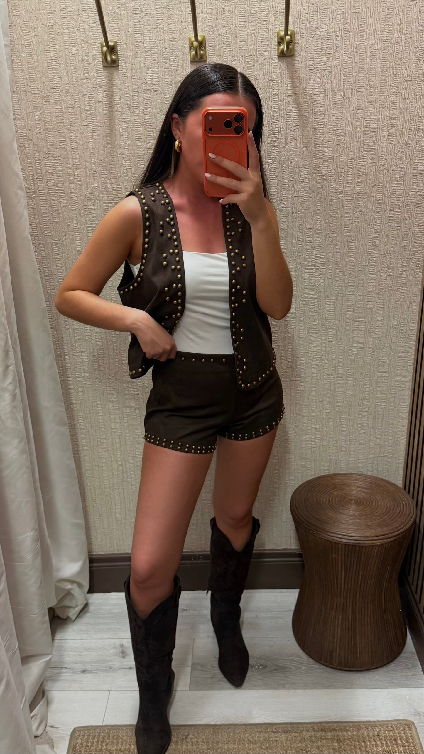 Brown Faux Suede Studded Waistcoat