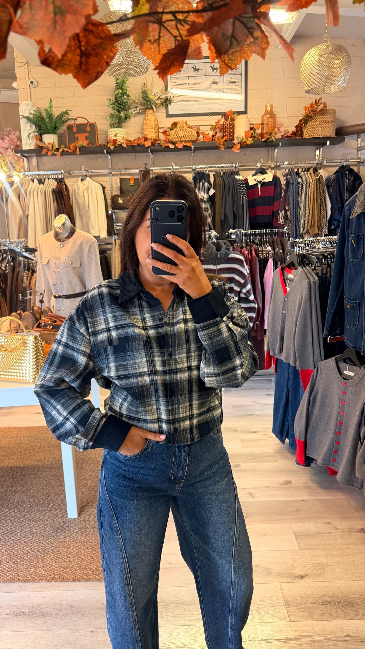 Navy Check Shirt with Corduroy Collar