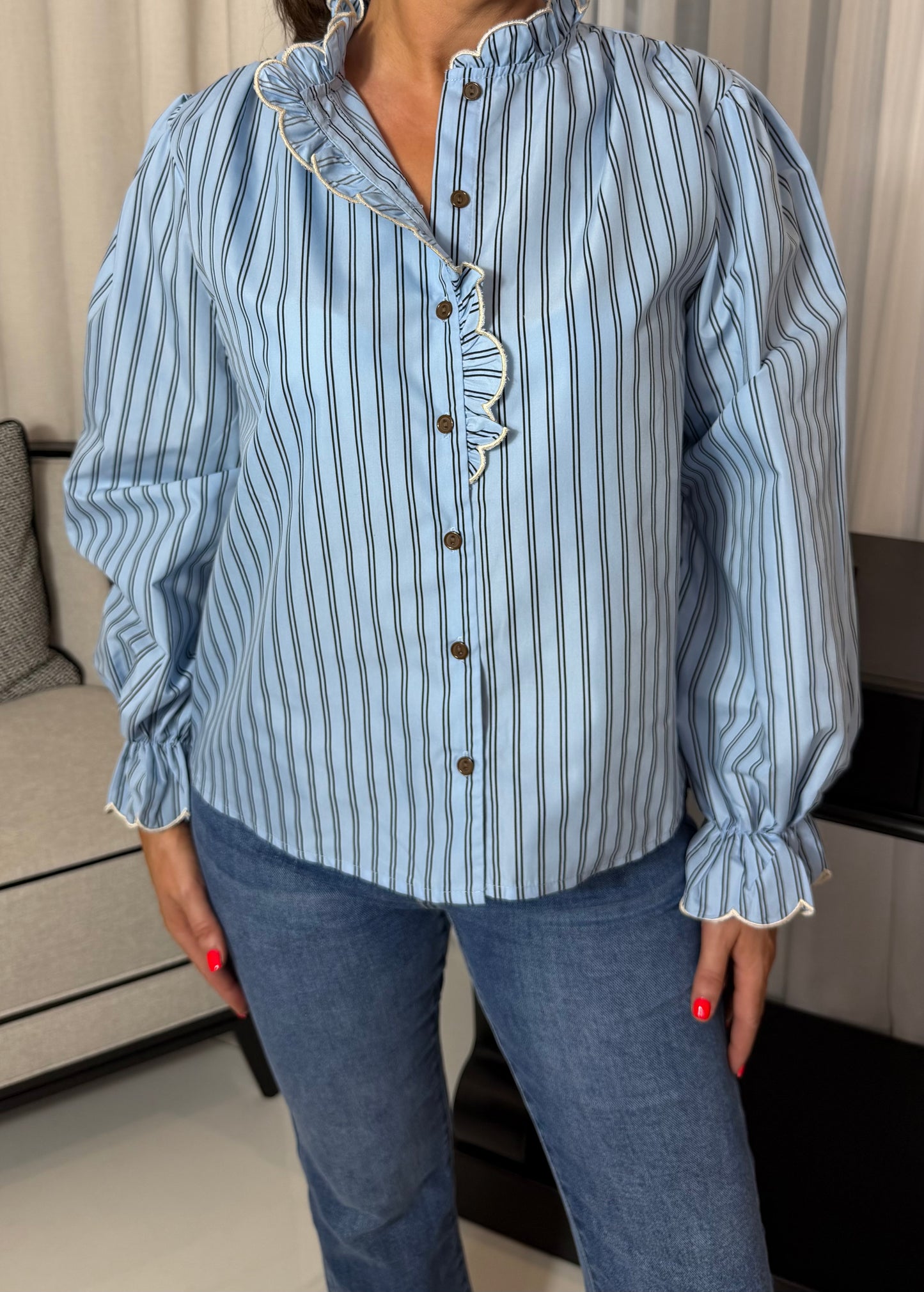 Blue & Brown Striped Ruffle Blouse