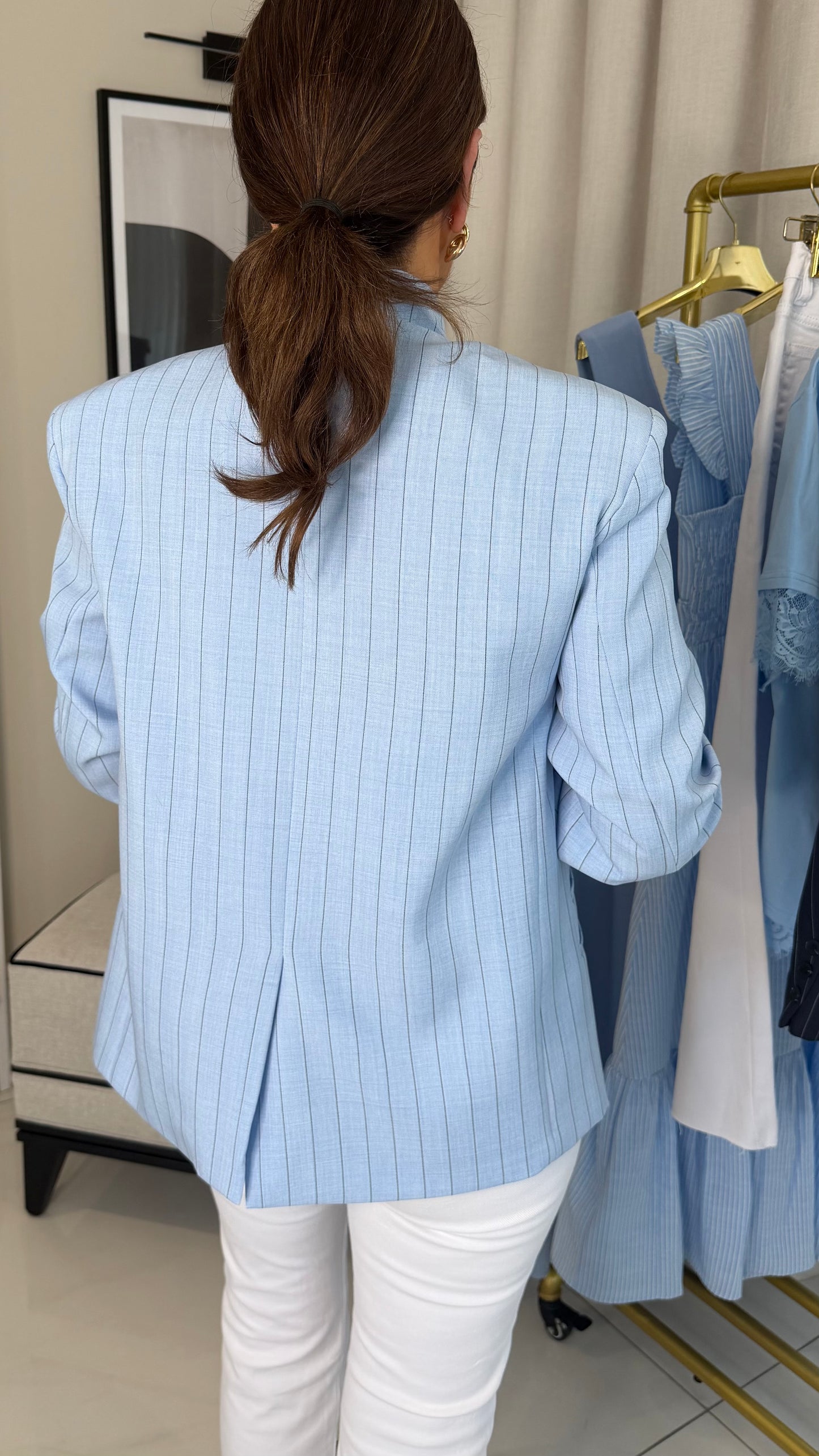 Bella High Neck Stripe Blazer Blue/White