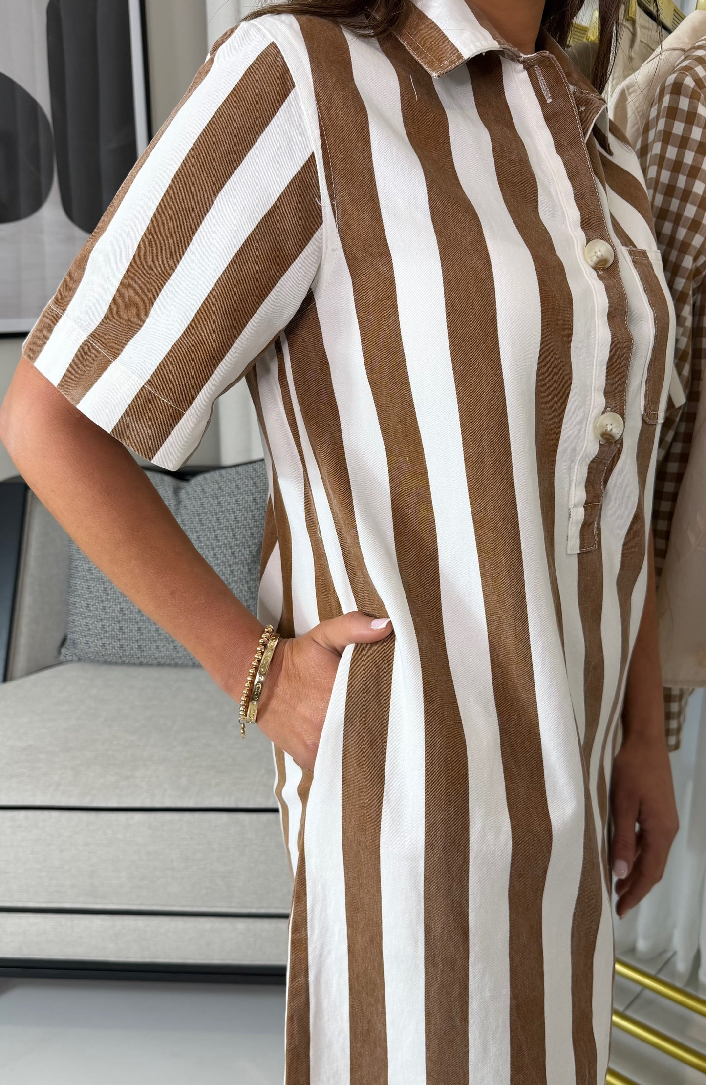 Tan & White Oversized Striped Denim Dress