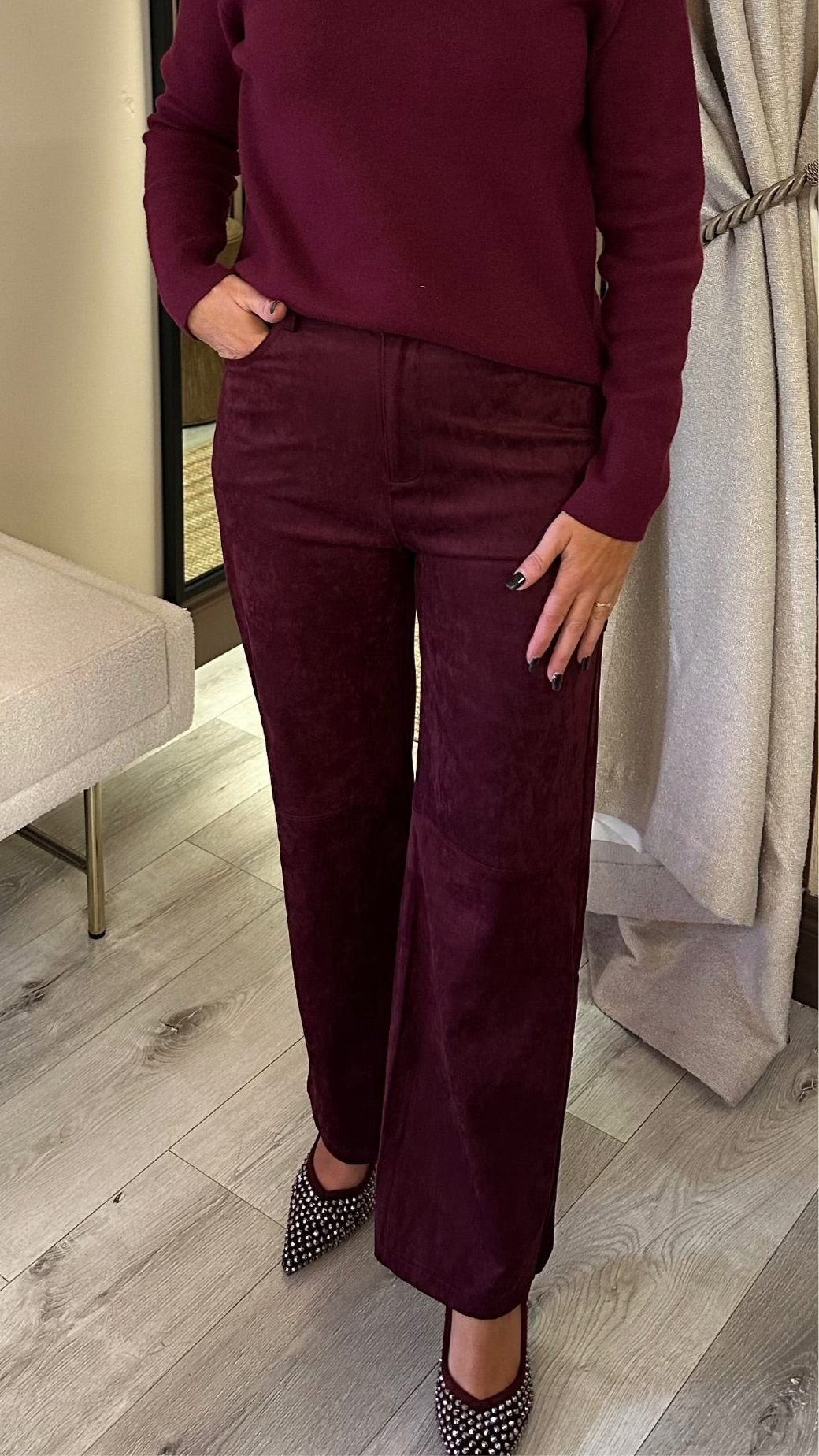 Wine Suedette Straight Leg Trousers