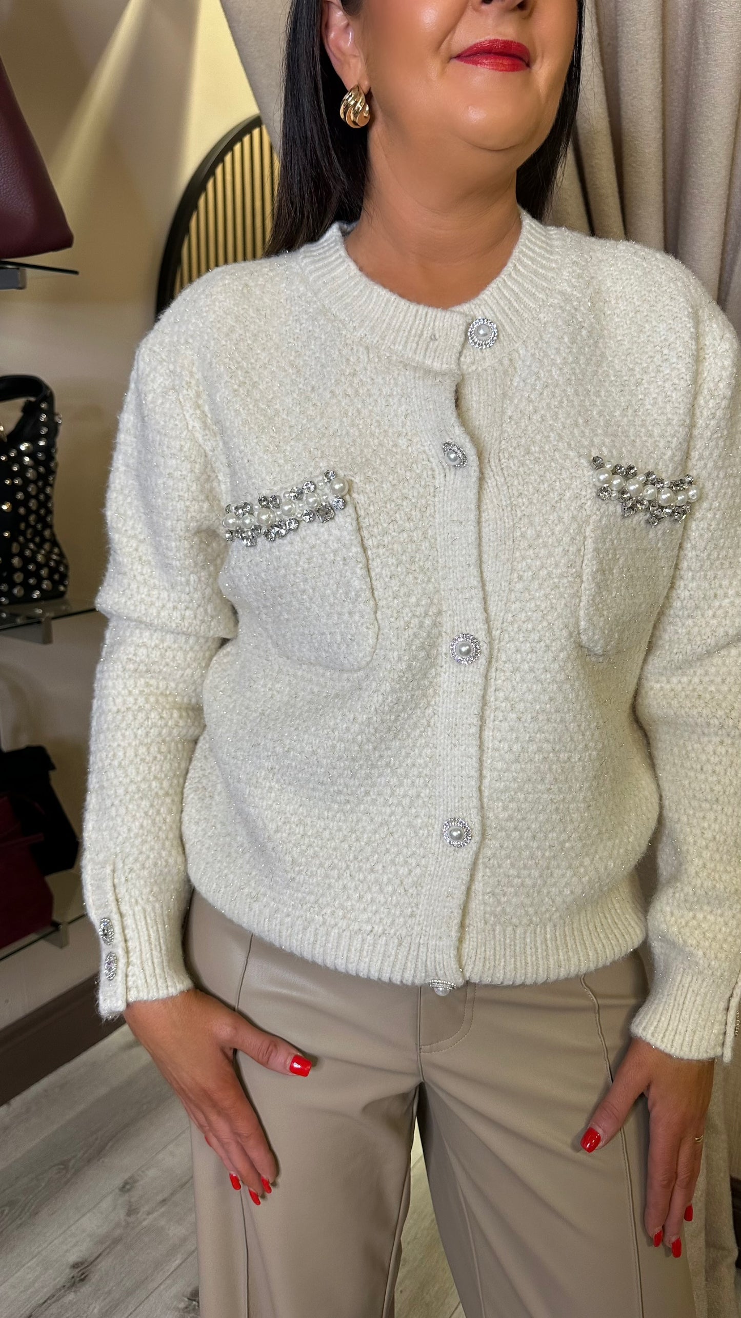 Luxe Cream Cardigan with Golden Threads