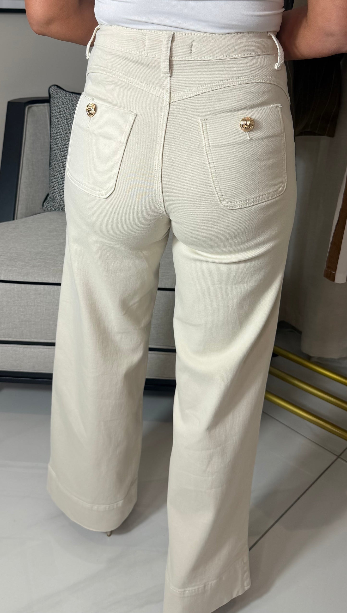 Cream Gold Button Jeans