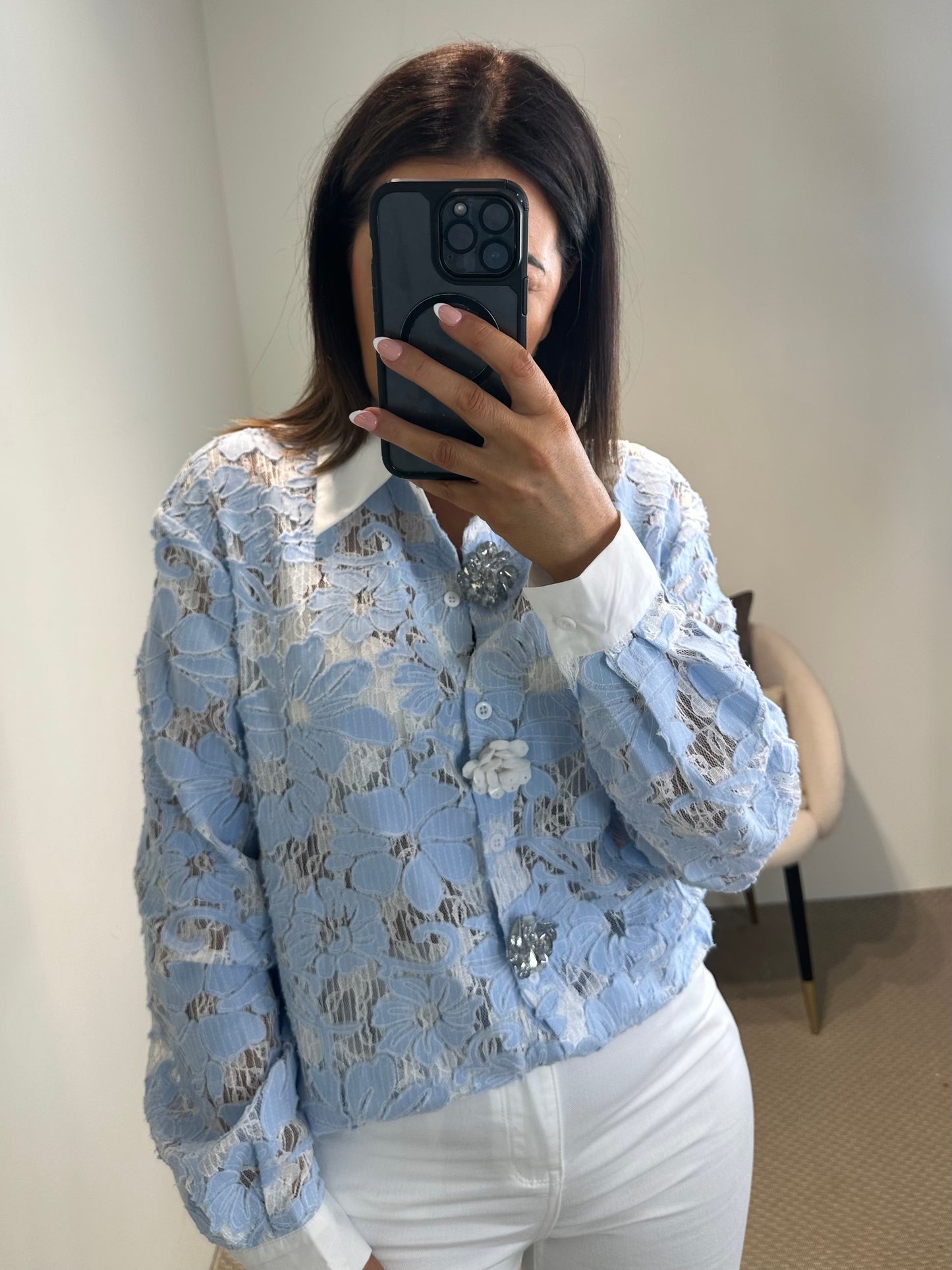 Blue Lace Shirt with Statement Buttons
