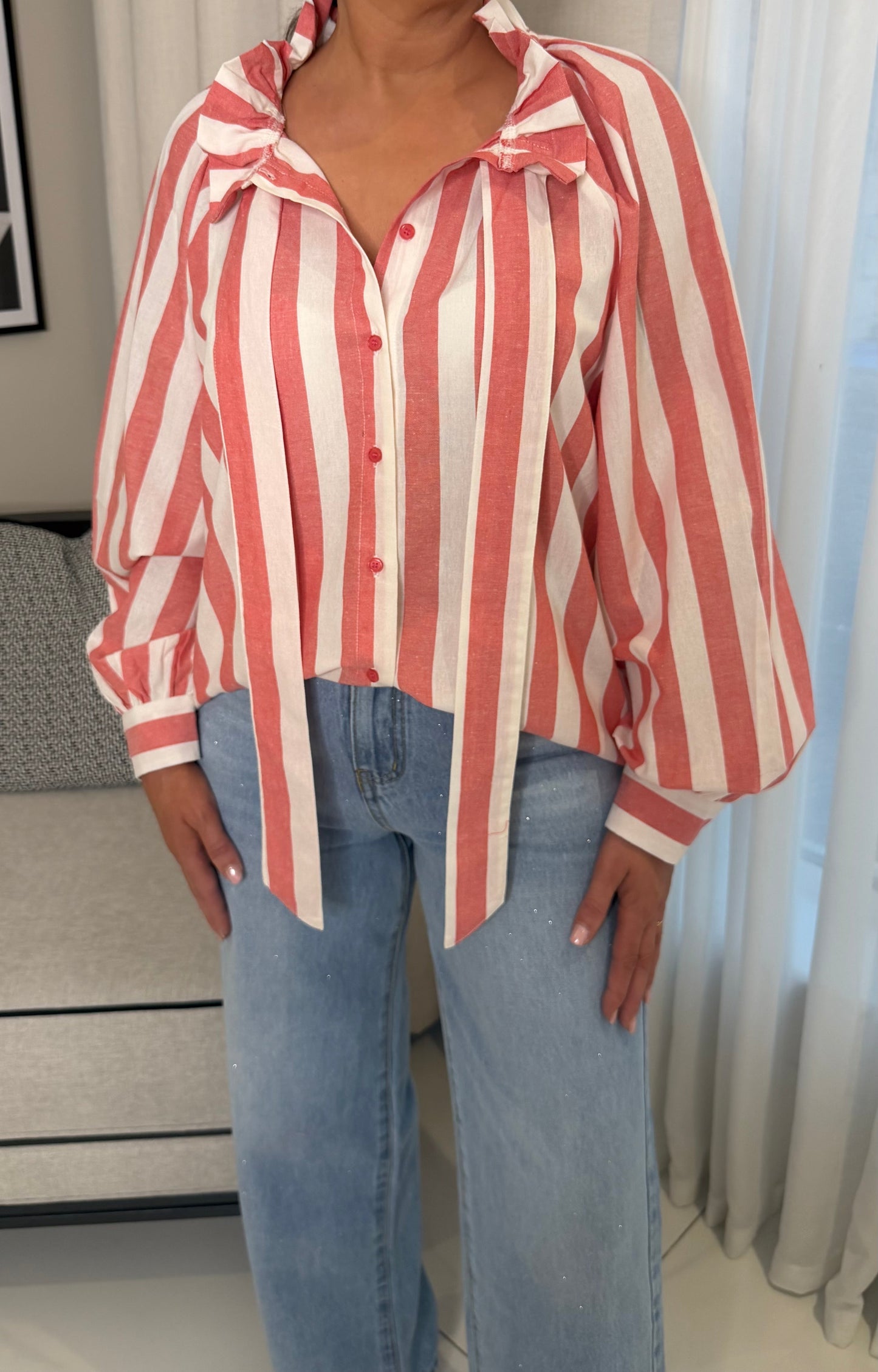 Coral Striped Tie-Bow Blouse