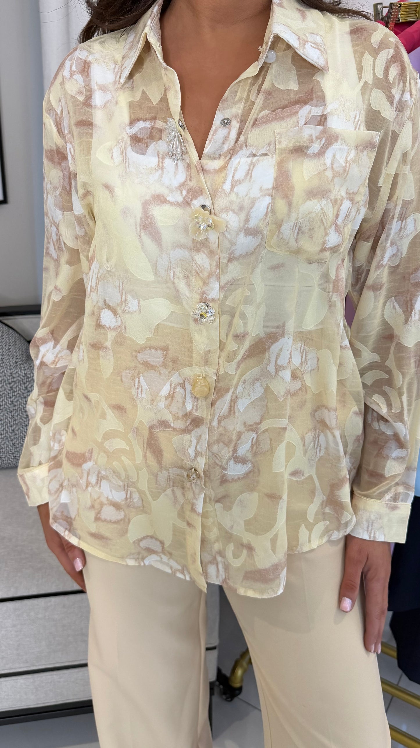 Lemon Sheer Blouse with Decorative Buttons