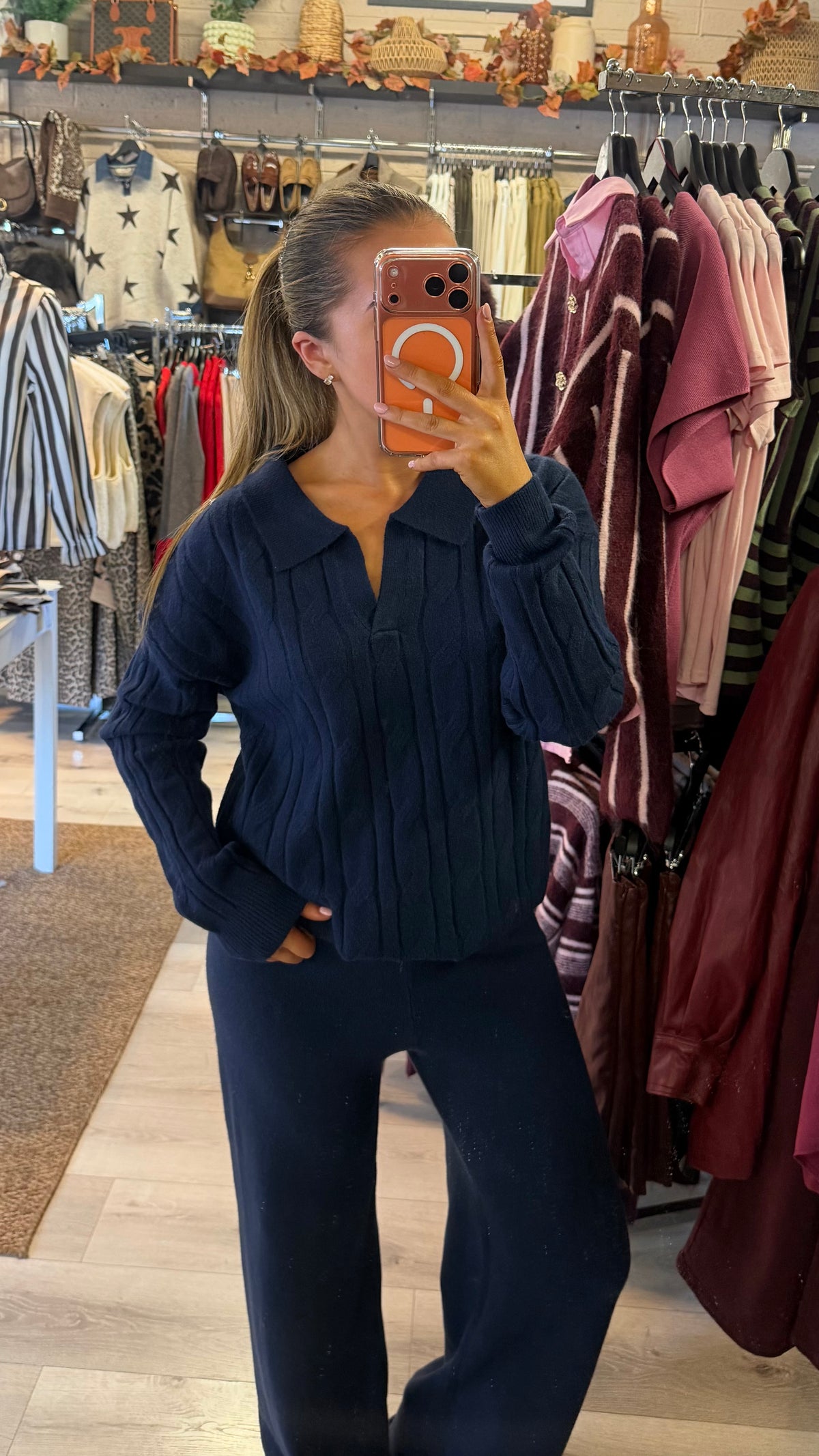 Navy-Polo Cable Knit Lounge Set