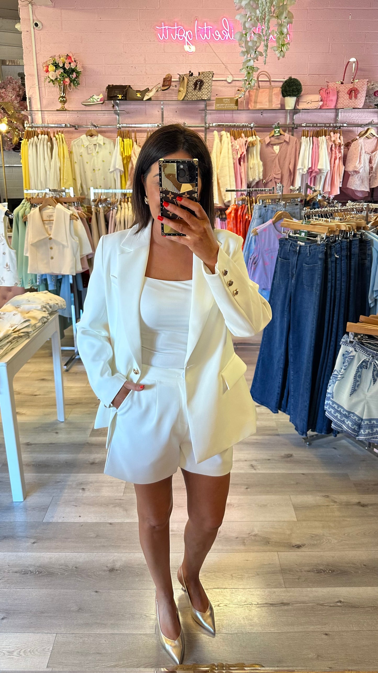 White Oversized Blazer with Gold Buttons
