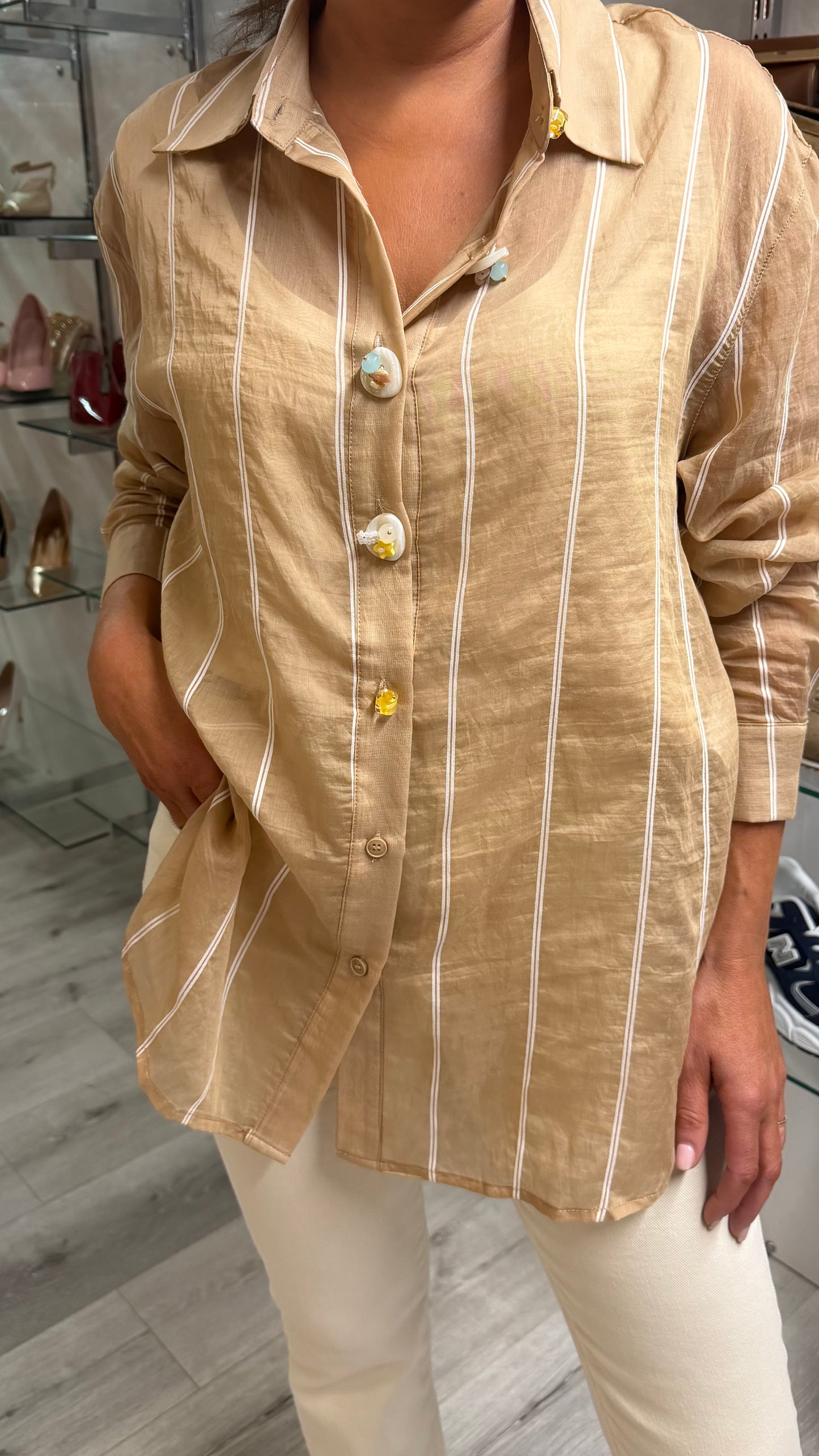 Tan & White Striped Sheer Shirt