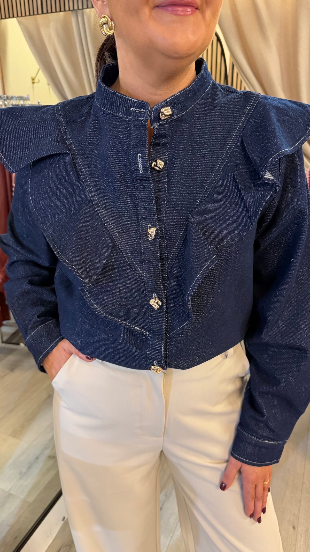 Dark Denim Ruffle Detail Blouse