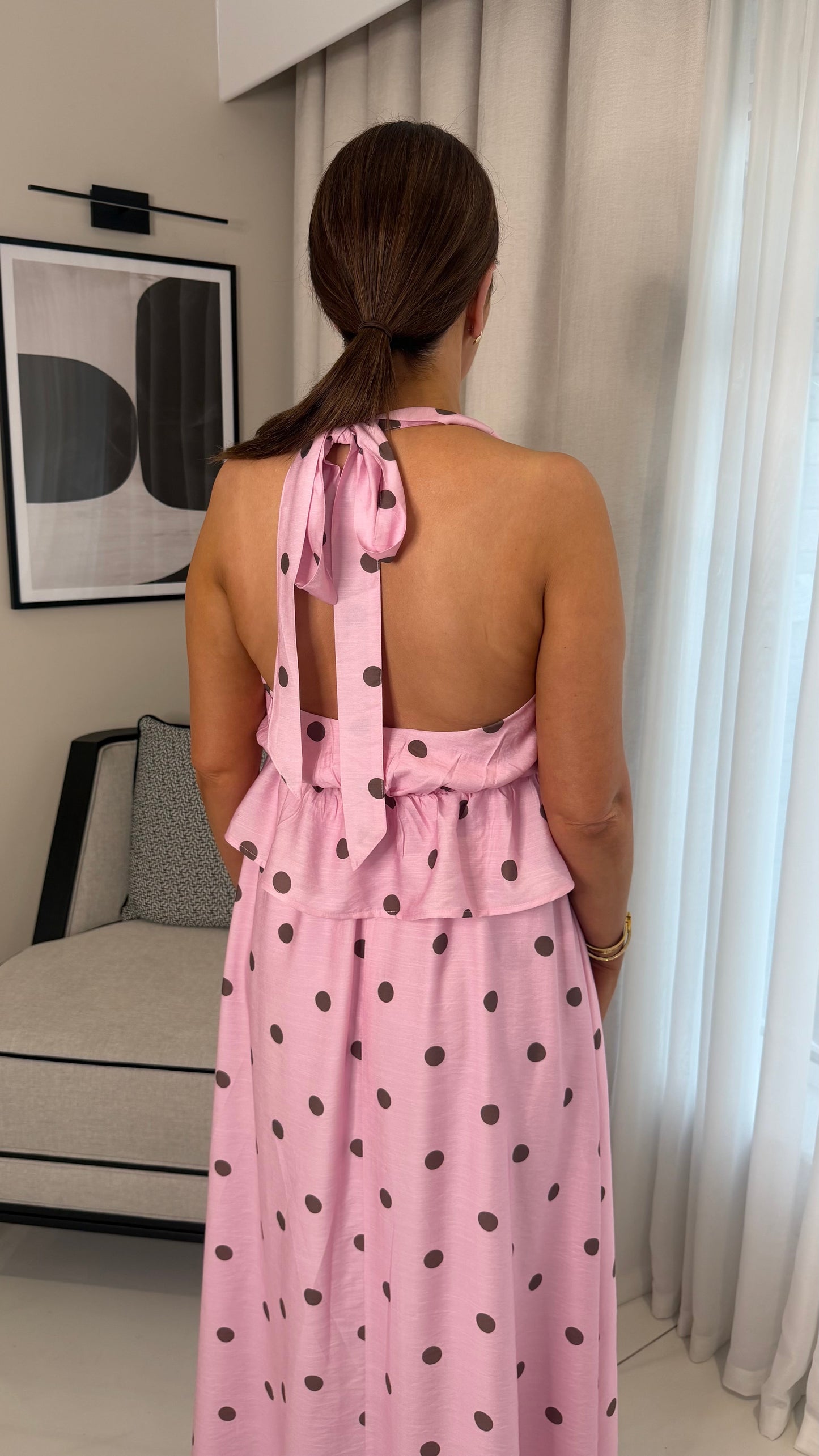 Mya Pink & Brown Polka Dot Halterneck Top