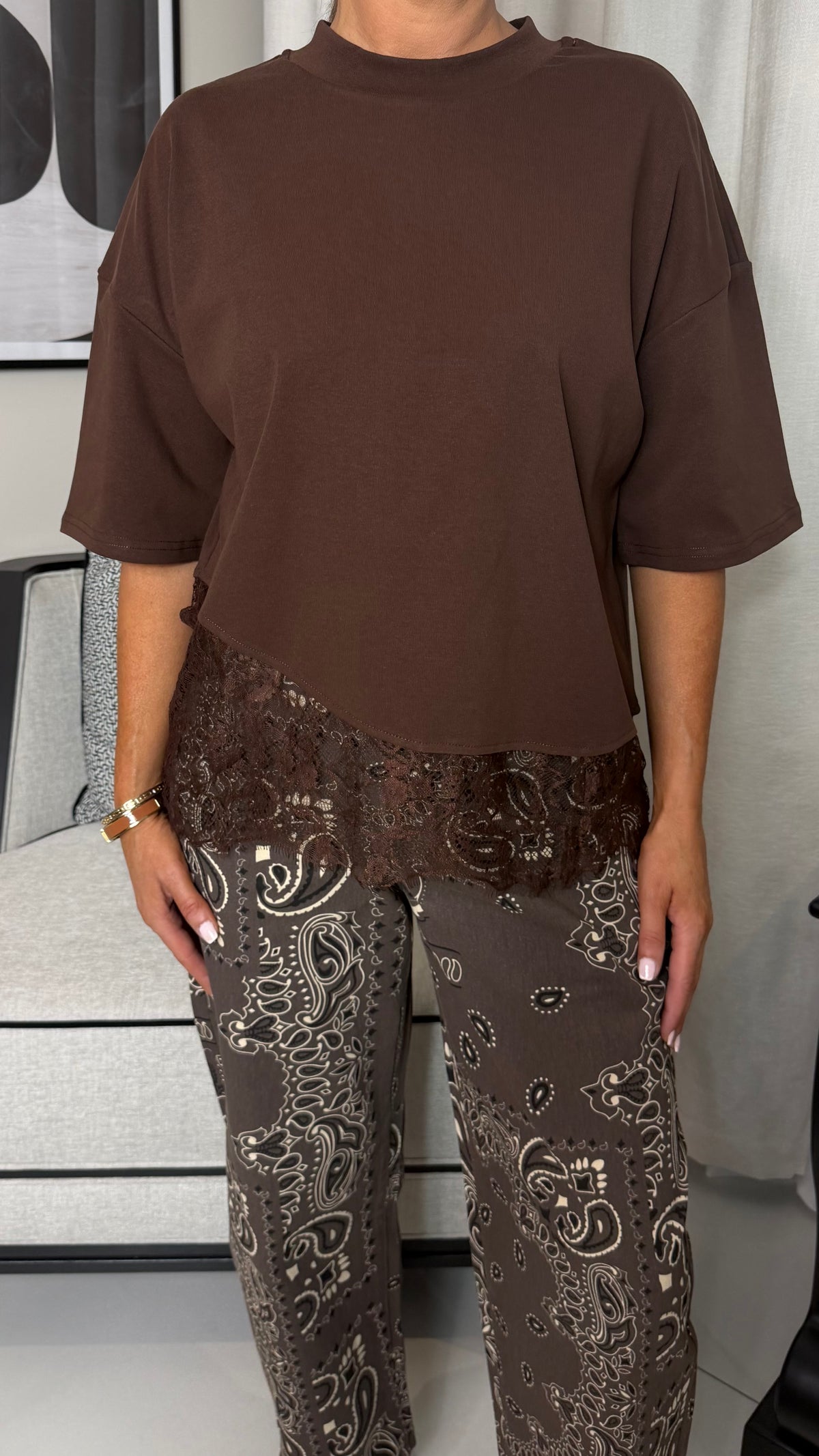 Kyra Brown Lace Trim Top