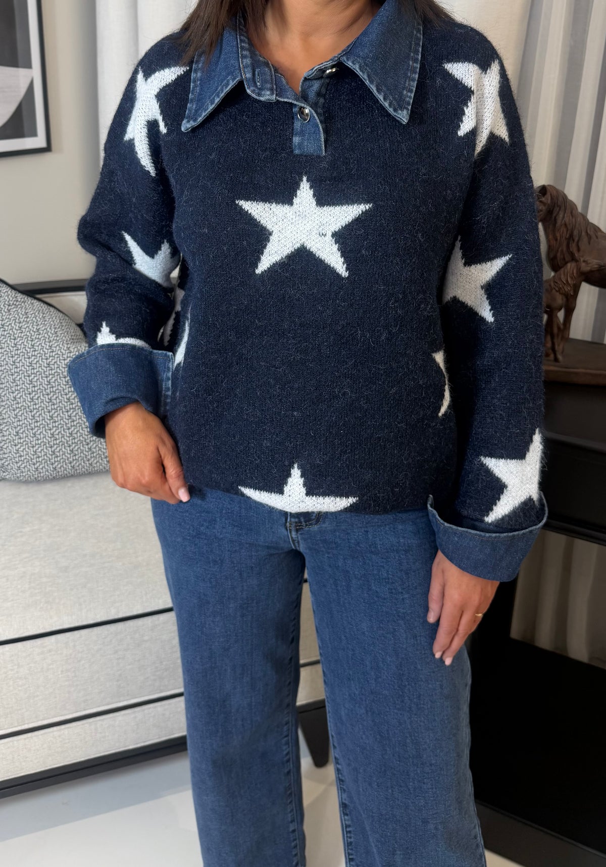 Star Navy Sweater with Denim Details