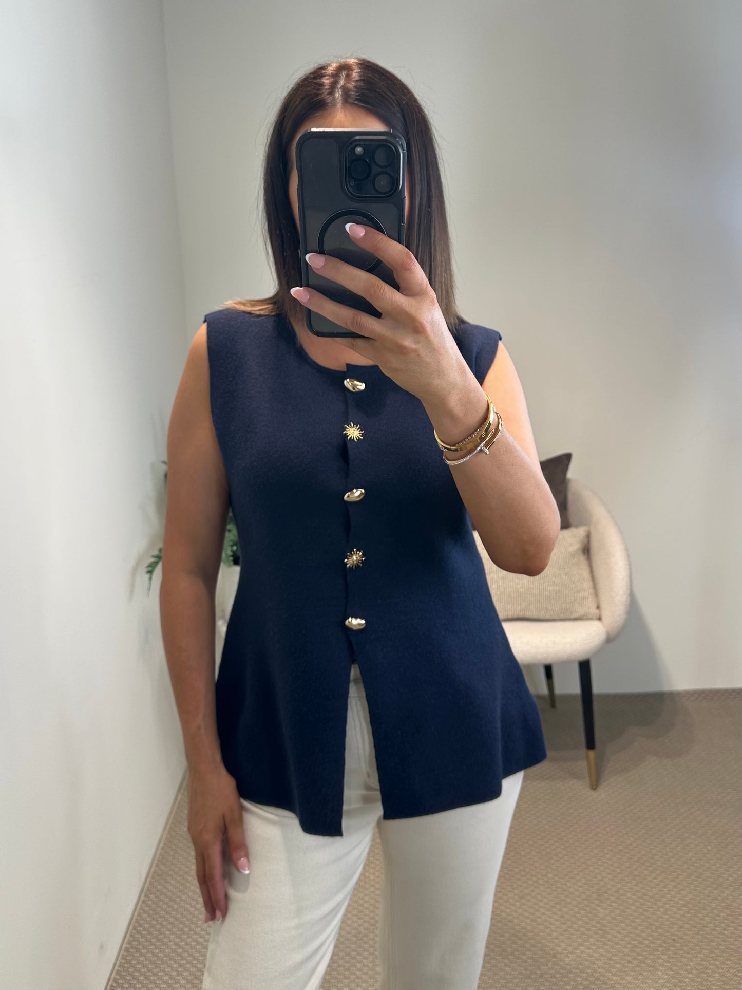 Navy Knit Waistcoat with Statement Buttons