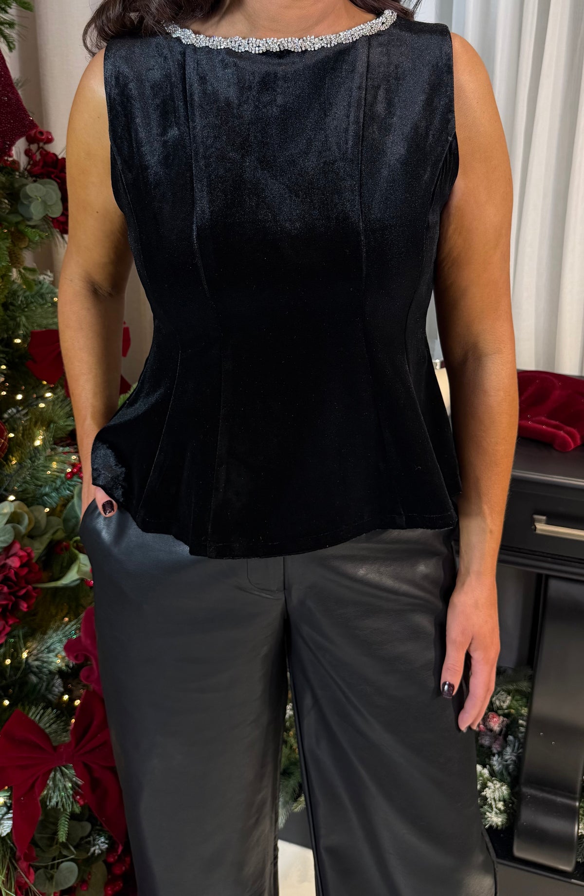 Black Velvet Top with Embellished Neckline