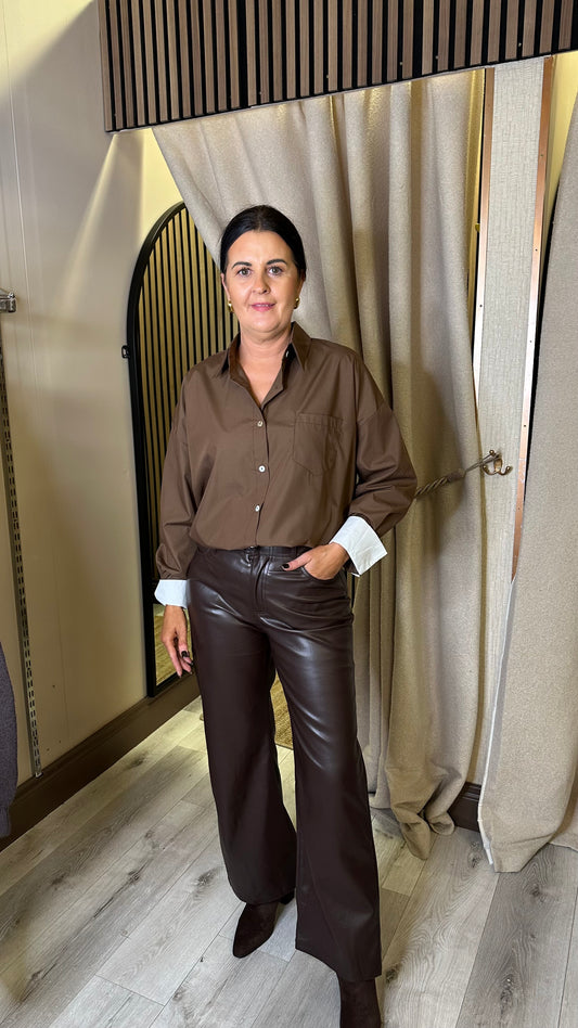 Brown Oversized Shirt with White Cuffs