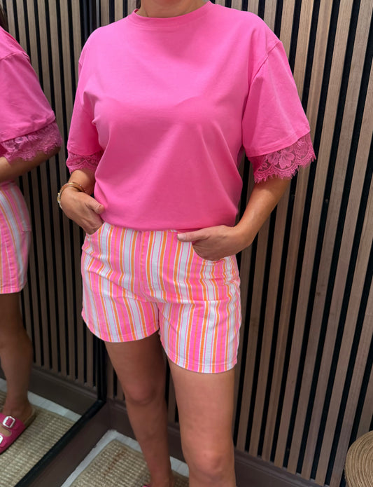 Fluorescent Pink & Orange Striped Shorts