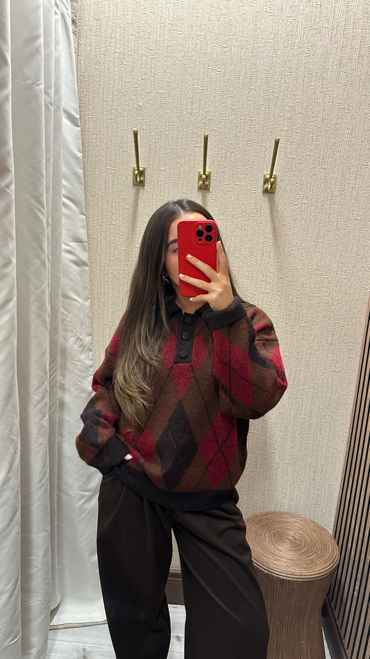 Brown & Red Argyle Knit