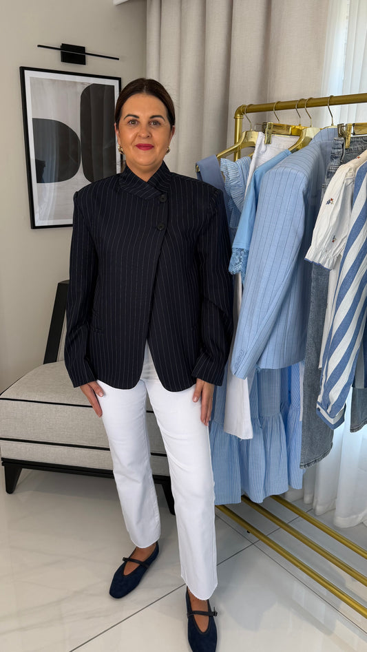 Bella High Neck Stripe Blazer Navy/White