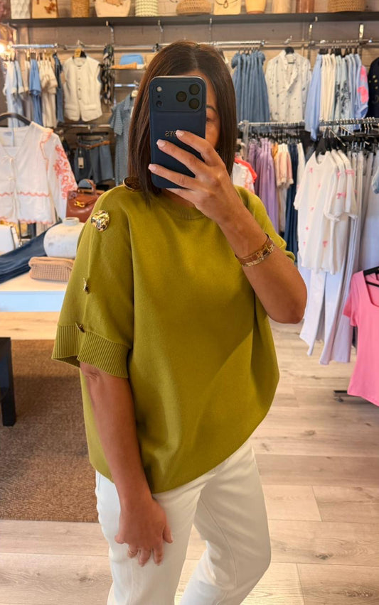 Olive Green Sweater with Gold Buttons