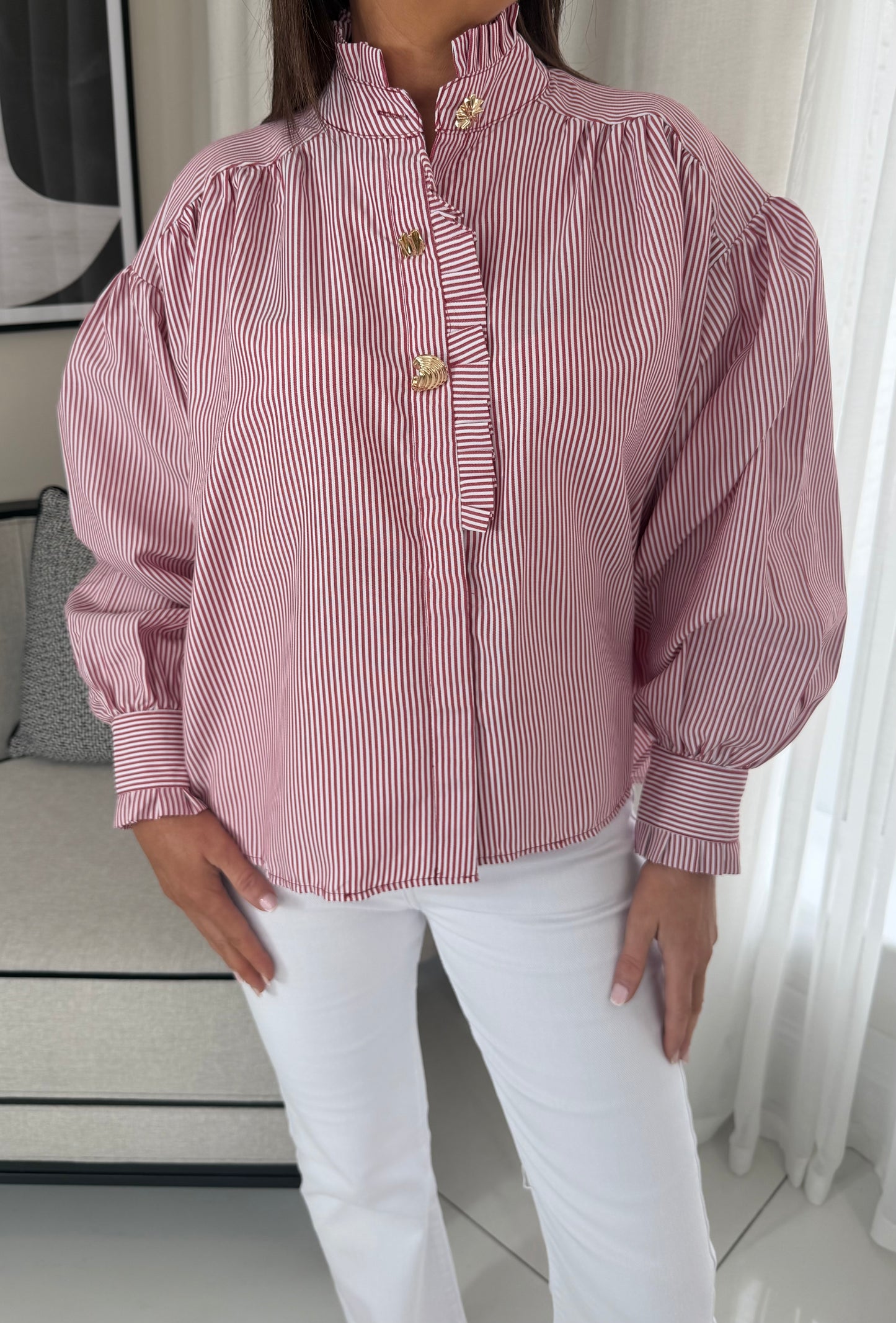 Red Ruffle Pinstriped Blouse