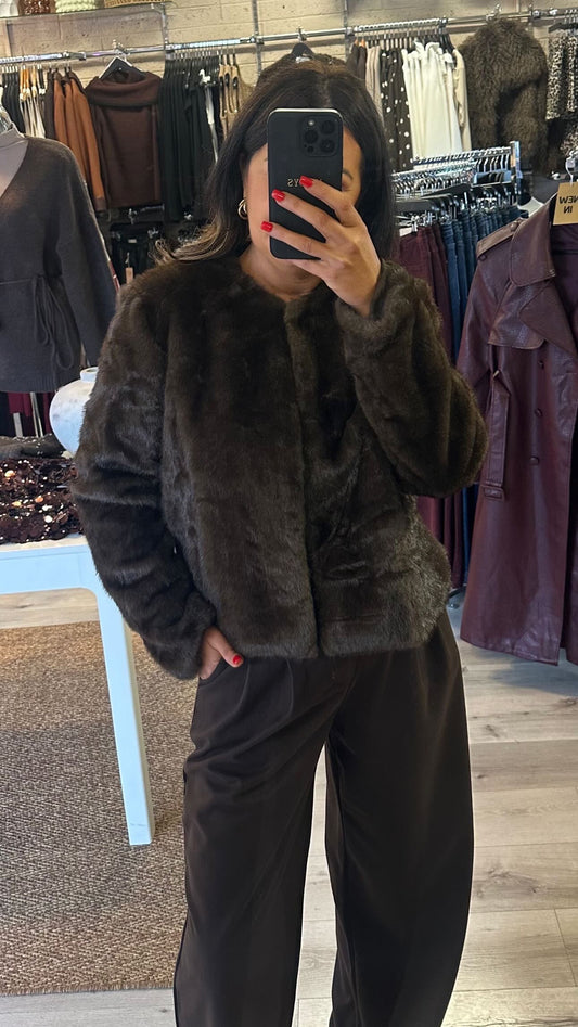 Brown Collarless Faux Fur Jacket